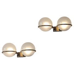 Pair of Gino Sarfatti 1950s Brass and Frosted Glass Ball Appliques