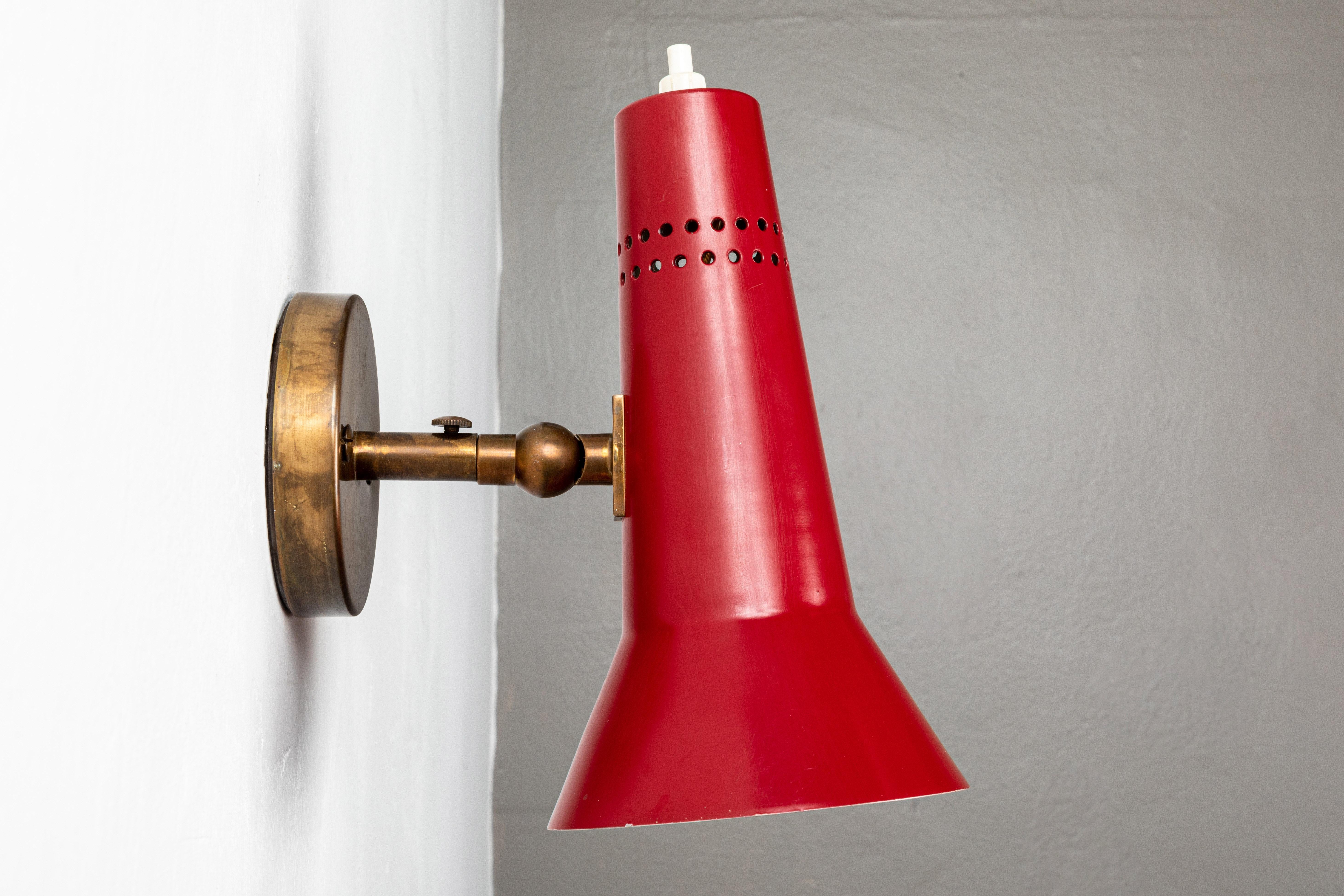 Pair of Gino Sarfatti Model #21 Red Perforated Sconces for Arteluce, circa 1955 For Sale 2