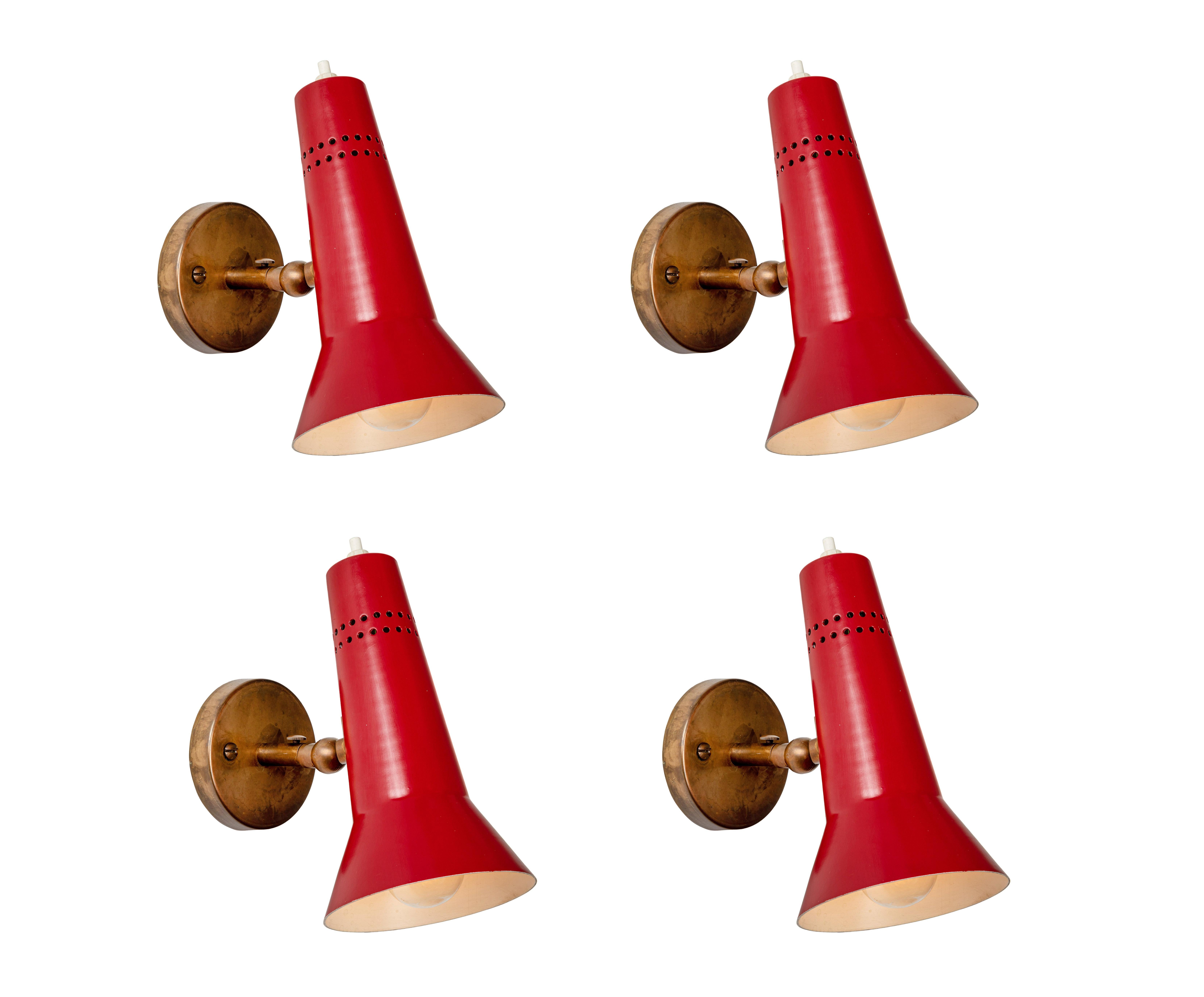 Mid-Century Modern Pair of Gino Sarfatti Model #21 Red Perforated Sconces for Arteluce, circa 1955 For Sale