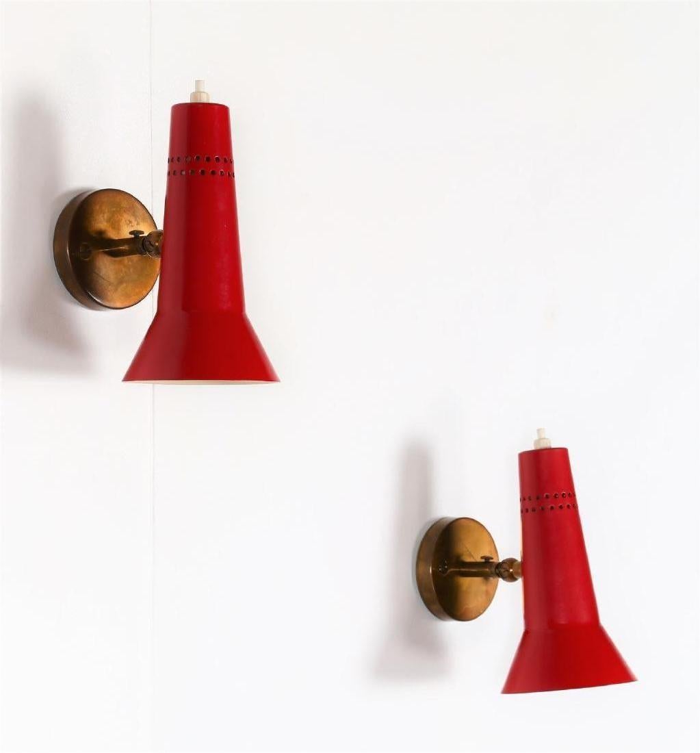 Italian Pair of Gino Sarfatti Model #21 Red Perforated Sconces for Arteluce, circa 1955 For Sale