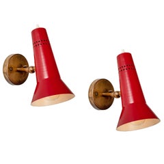 Pair of Gino Sarfatti Model #21 Red Perforated Sconces for Arteluce, circa 1955