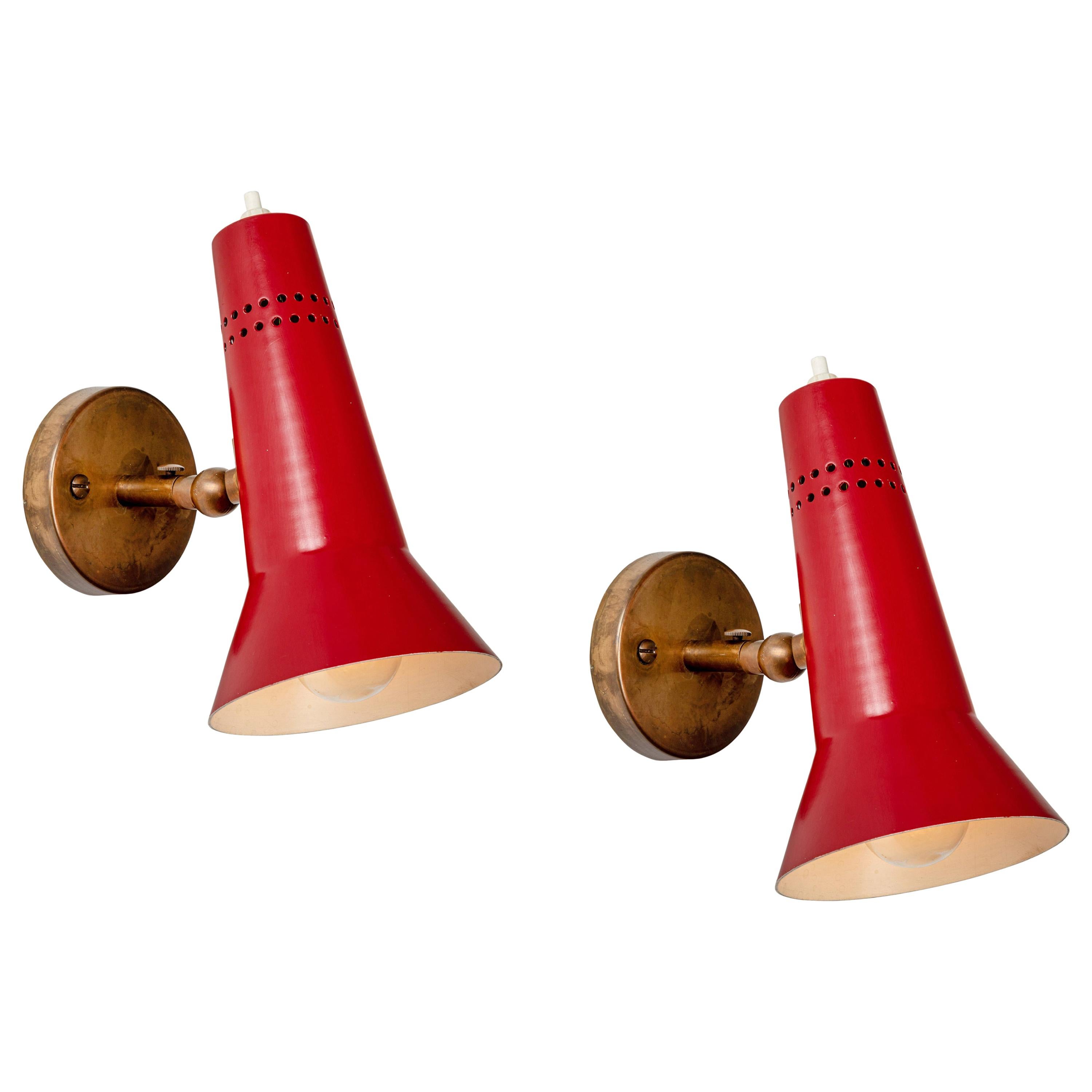 Pair of Gino Sarfatti Model #21 Red Perforated Sconces for Arteluce, circa 1955 For Sale
