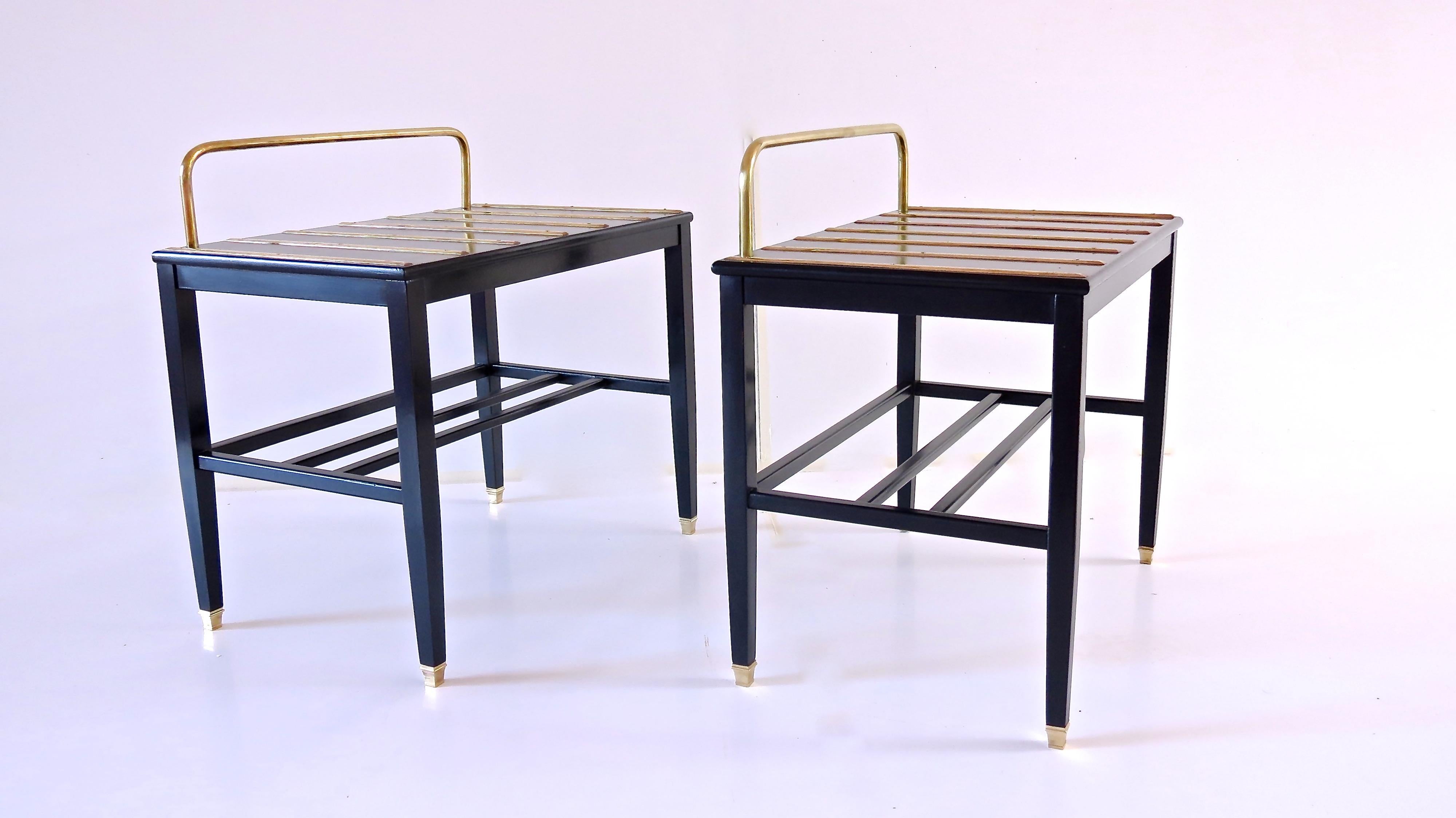 Brass Pair of Gio Ponti Black Walnut Lacquered Side Tables from Hotel Royal Naples For Sale