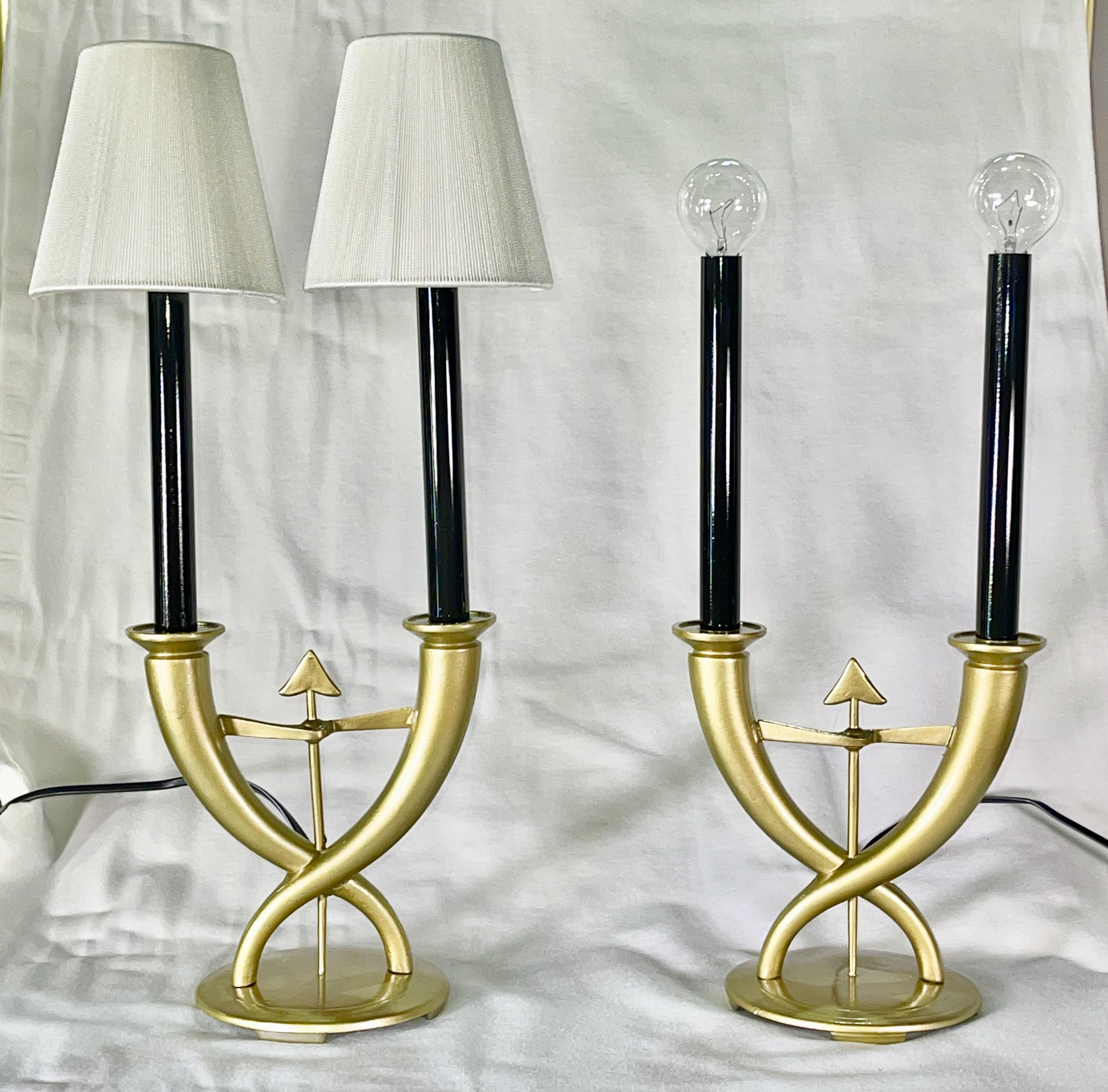 Pair of early edition Gio Ponti candelabra fleche lamps, an original cornucopia design of interlaced tapered horns framing a single arrow, imagined as a marriage symbol for the union of Tony Bouilhet, director of Christofle, with Carla Borletti,