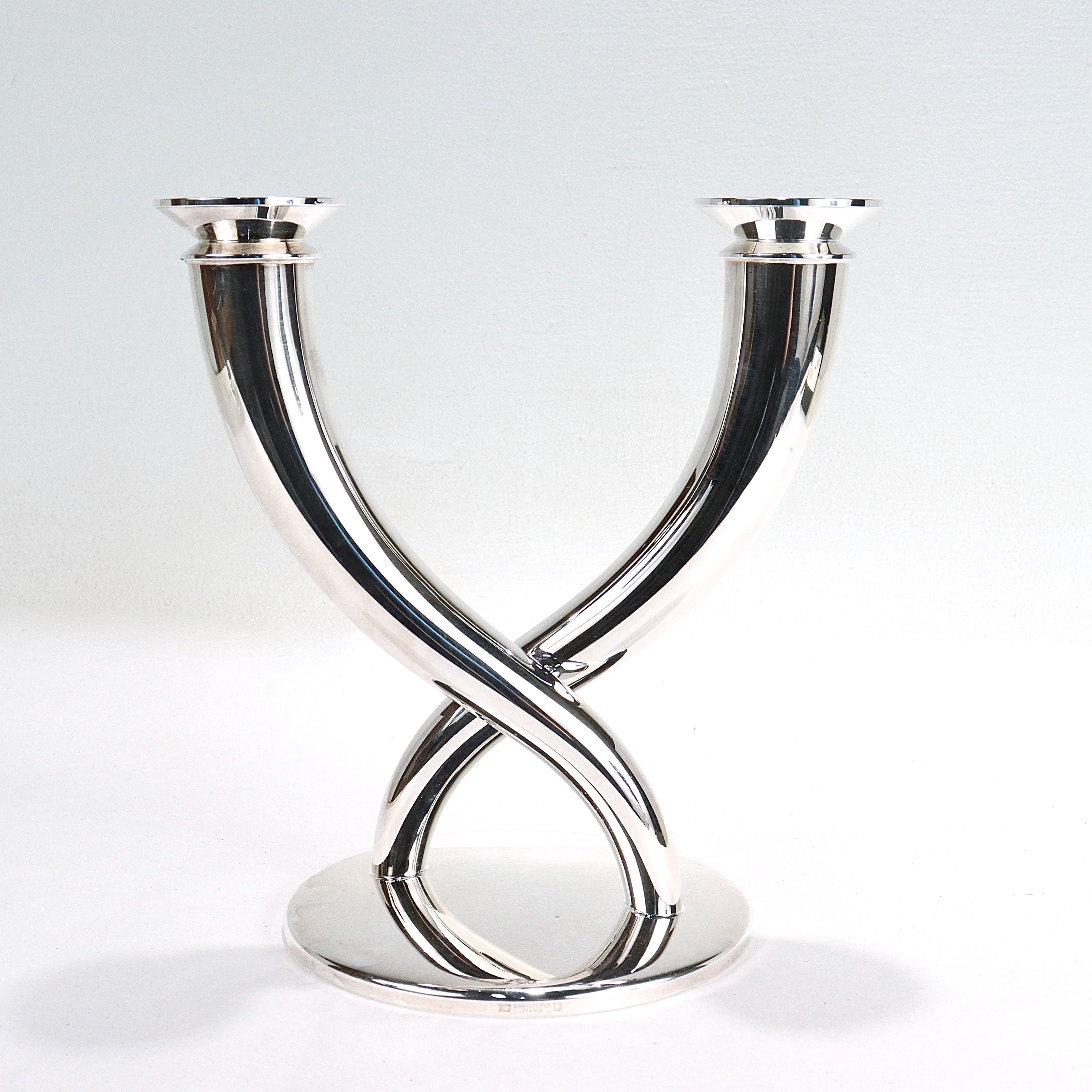Moderne Paire de candélabres/bougeoirs en métal argenté à 2 feux de style Christofle de Gio Ponti en vente