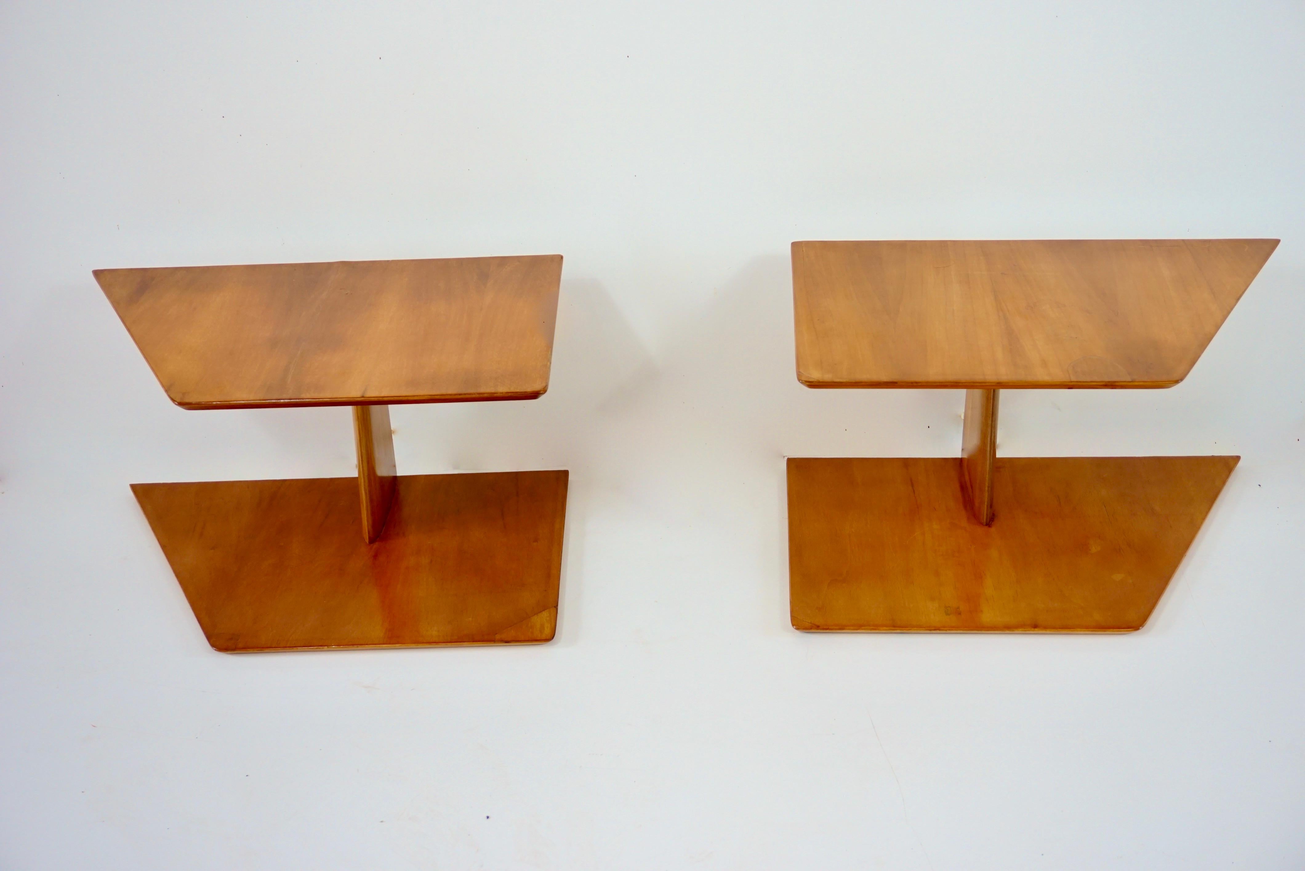 pair of hanging elm wood nightstands or bed side tables by Gio Ponti 
wall mounted two shelves side tables
finishing of the owl's beak top
part of a pair of  original headboards where headboards were destroyed
by Gio Ponti from the furniture of the