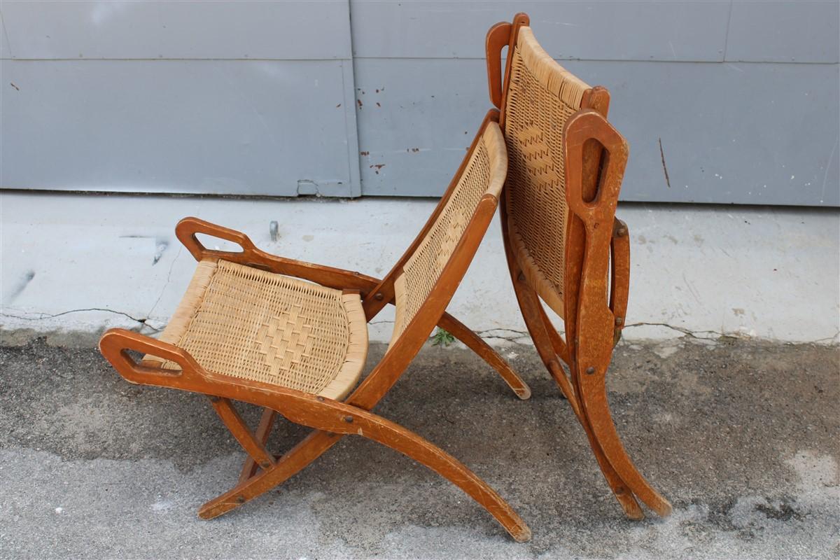 Pair of Gio Ponti Folding Chairs Reguitti Ninfea Walnut Wicker Made in Italy 2