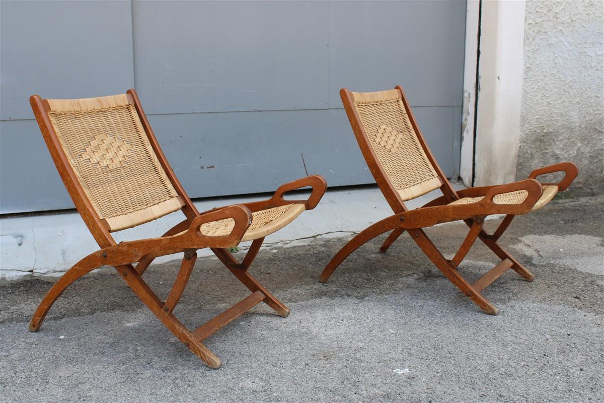 Pair of Gio Ponti Folding Chairs Reguitti Ninfea Walnut Wicker Made in Italy 3