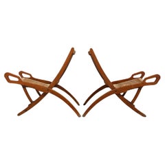 Pair of Gio Ponti Folding Chairs Reguitti Ninfea Walnut Wicker Made in Italy