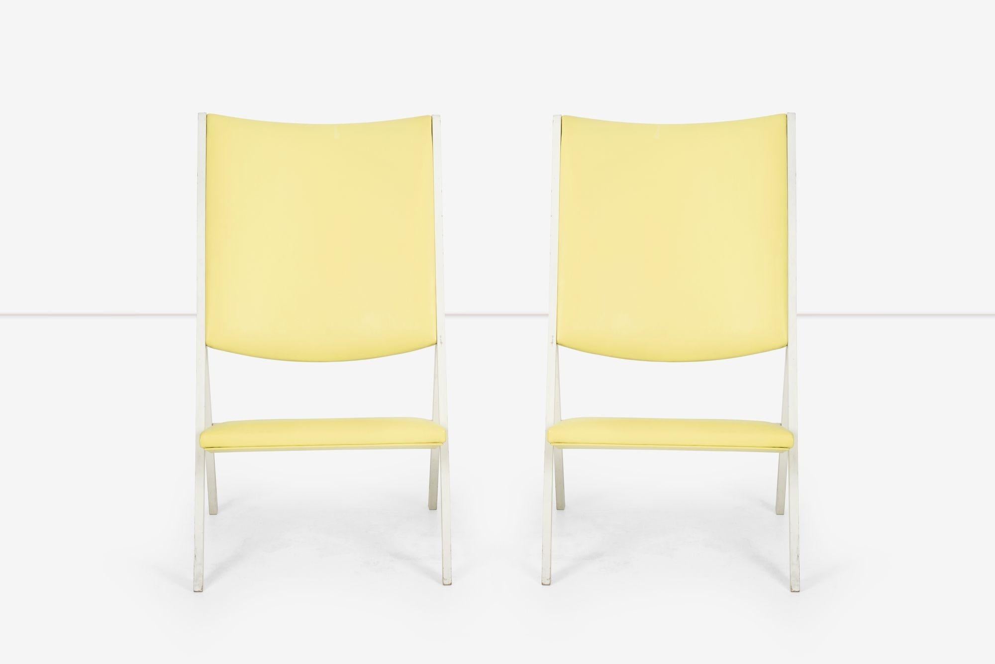 Pair of Gio Ponti Gabriela Lounge chairs, Italy 1970; Original White lacquered wood frames with reupholstered yellow Spinneybeck leather seat and back.
[Pictured Image 12; Decal manufacturer's label to underside ‘Ponti design per Walter Ponti S.