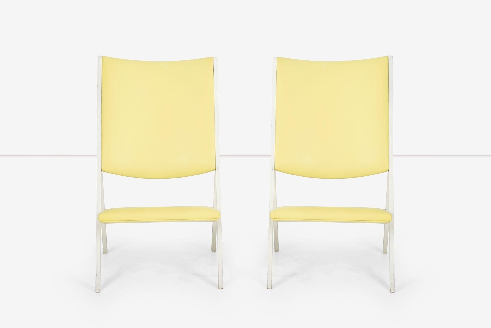 Pair of Gio Ponti Gabriela Lounge Chairs, Italy 1970; Original White lacquered wood frames with reupholstered yellow Spinneybeck leather seat and back.
[Pictured Image 12; Decal manufacturer's label to underside ‘Ponti design per Walter Ponti S.