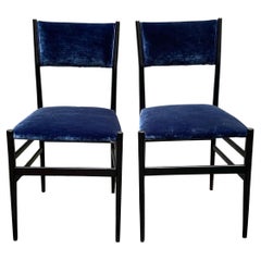 Pair of Gio Ponti Leggera Blue Velvet Dining Chairs, Italy 1950s
