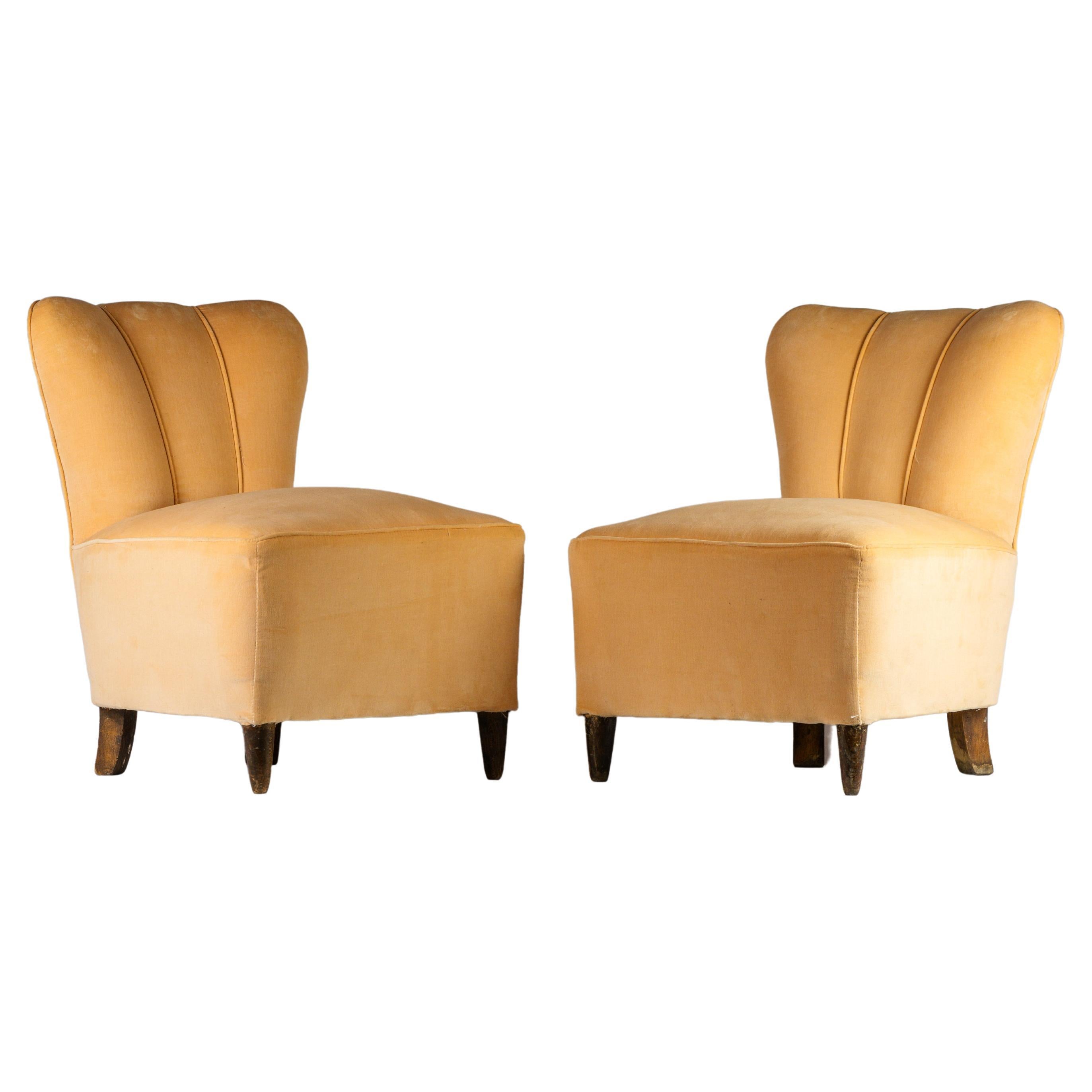 Pair of Gio Ponti light pink velvet and wooden feet armchairs