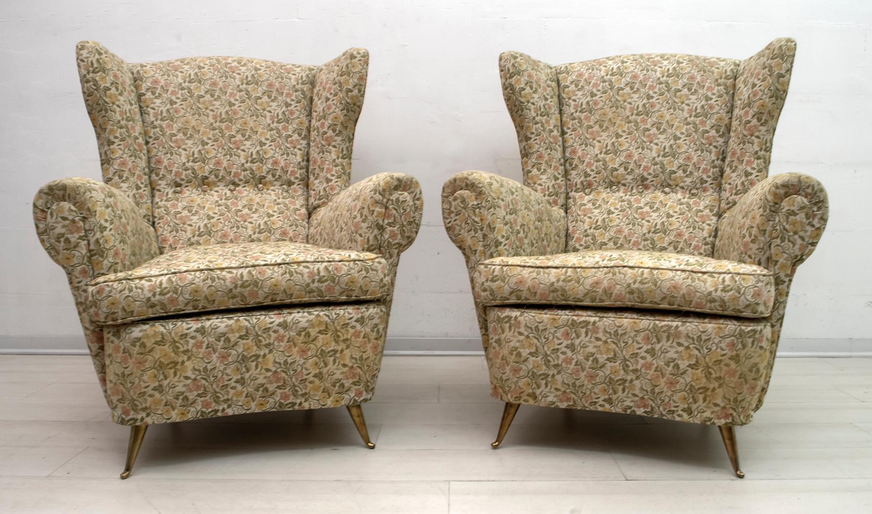 Mid-20th Century Pair of Gio Ponti Mid-Century Modern Italian High Back Armchairs for ISA, 1950s