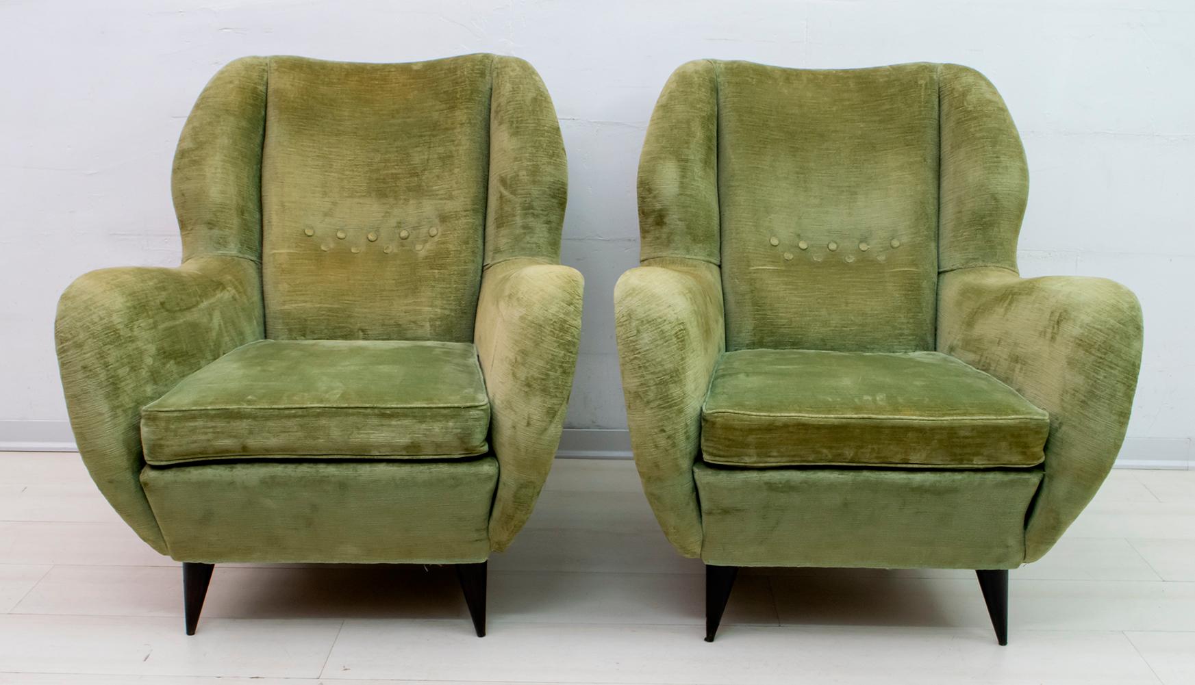 Pair of Gio Ponti Mid-Century Modern Italian Linen Velvet Armchairs for ISA 1