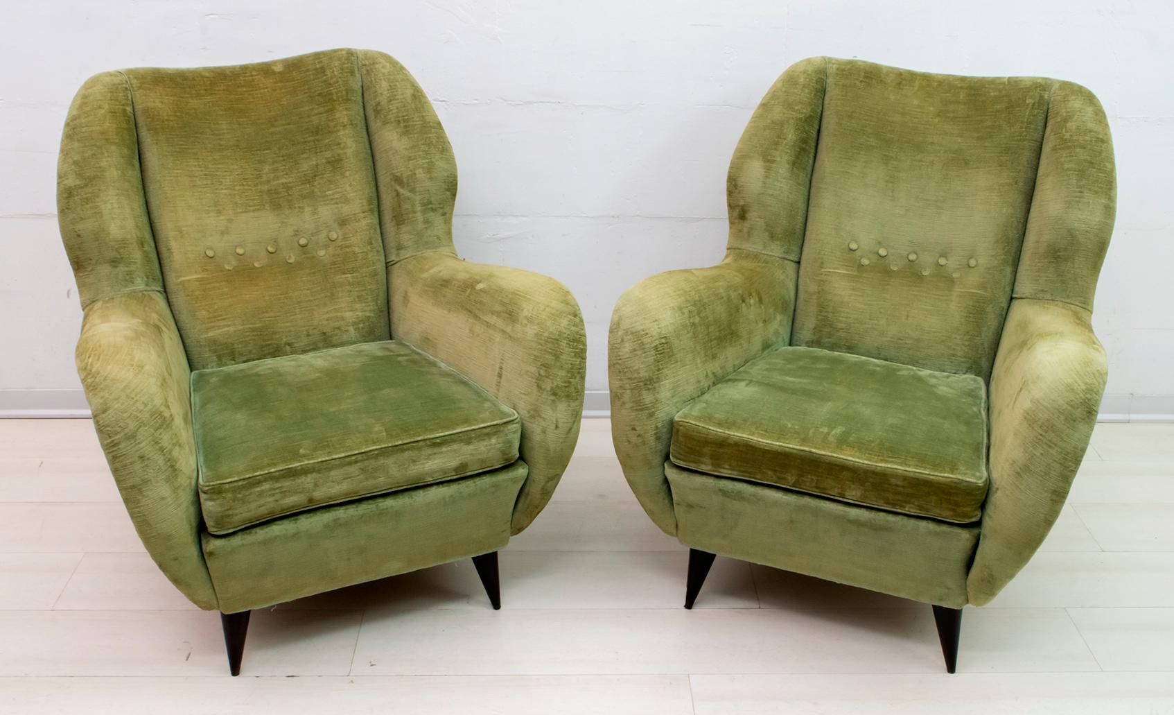Pair of Gio Ponti Mid-Century Modern Italian Linen Velvet Armchairs for ISA 2
