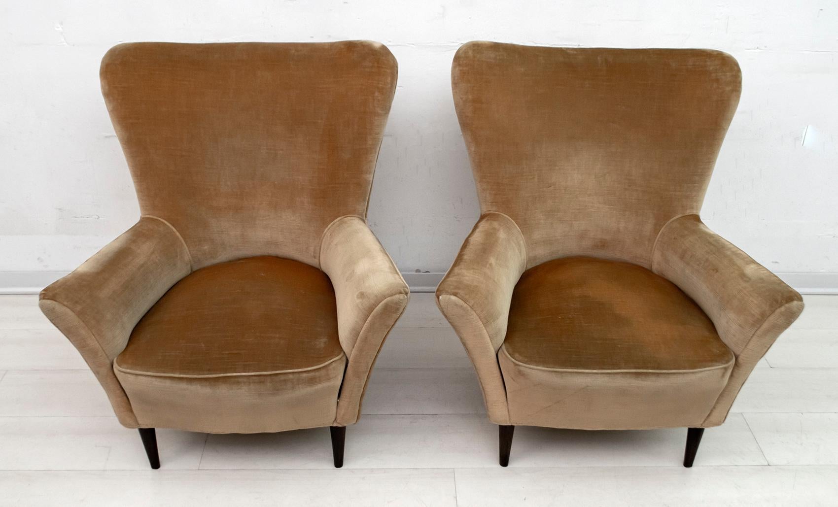 Elegant and splendid pair of Mid-Century Modern small armchairs, attributed to Gio Ponti, 1950 for ISA Editions, Bergamo. Sculpted profile, refined lines, sensual and deep comfort. The chairs have their original velvet upholstery; it is recommended