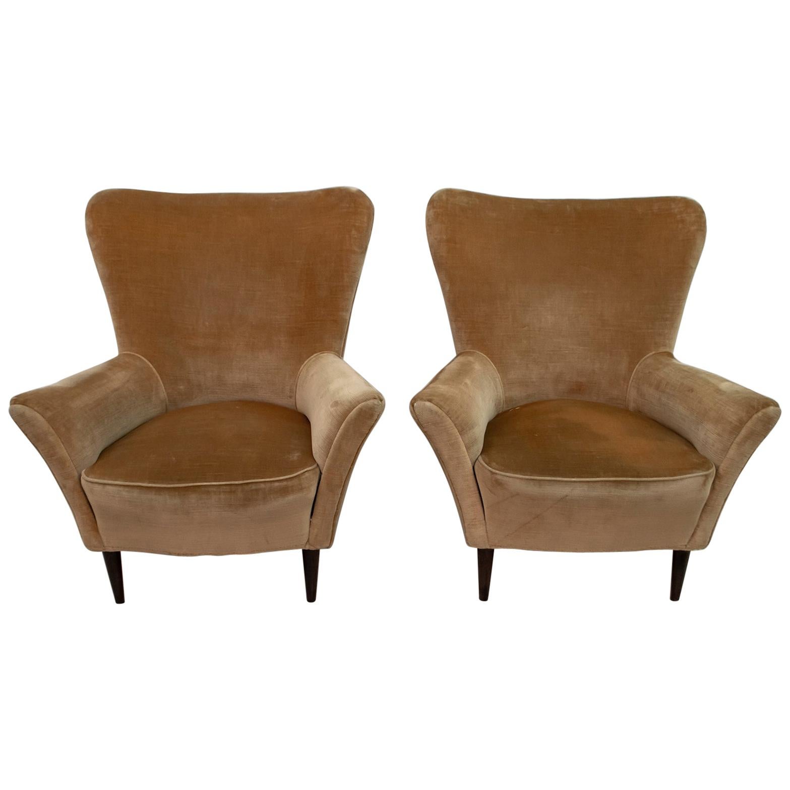 Pair of Gio Ponti Mid-Century Modern Italian Velvet Small Armchairs for ISA