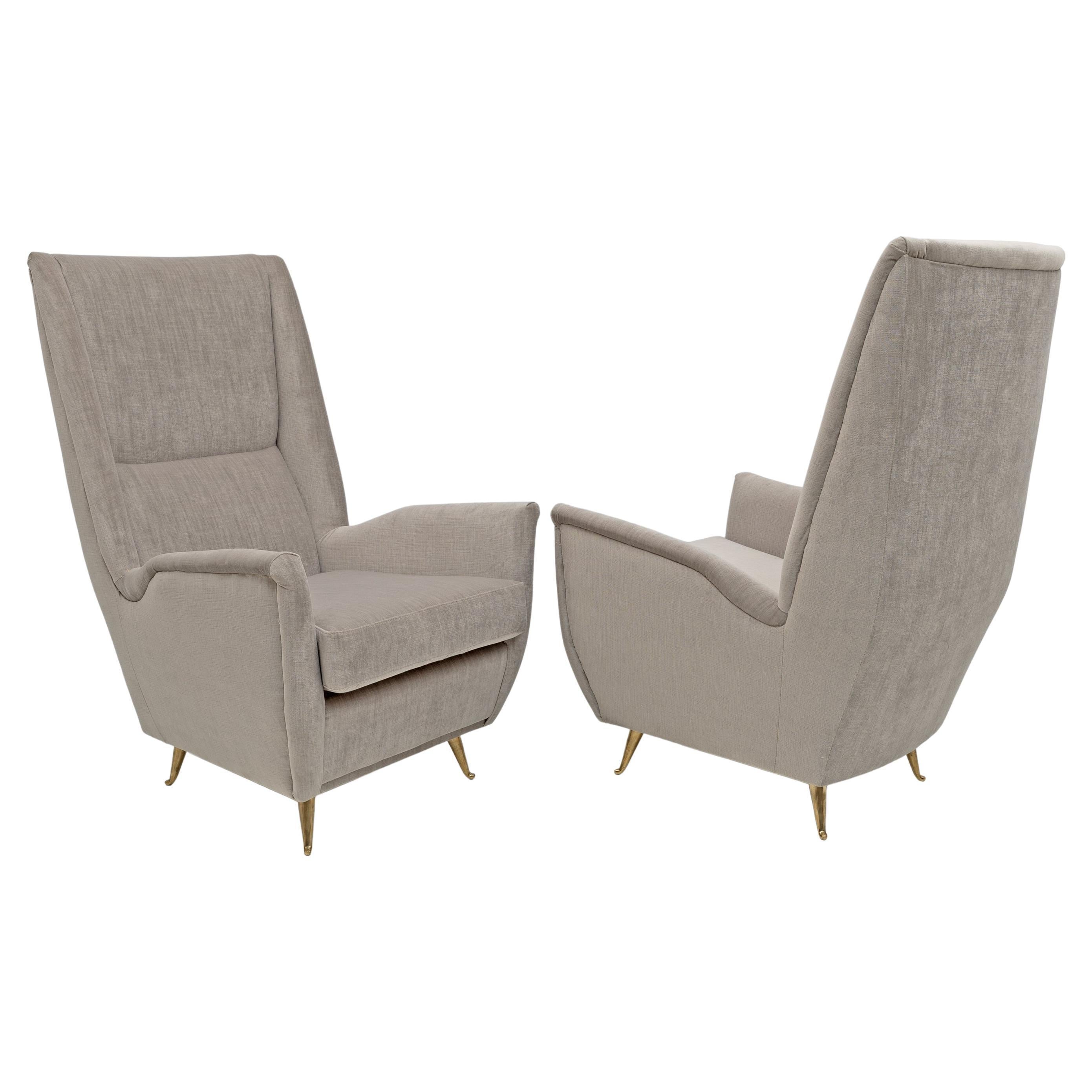 Pair of Gio Ponti Mid-Century Modern Velvet High Back Armchairs by Isa, 1950s For Sale
