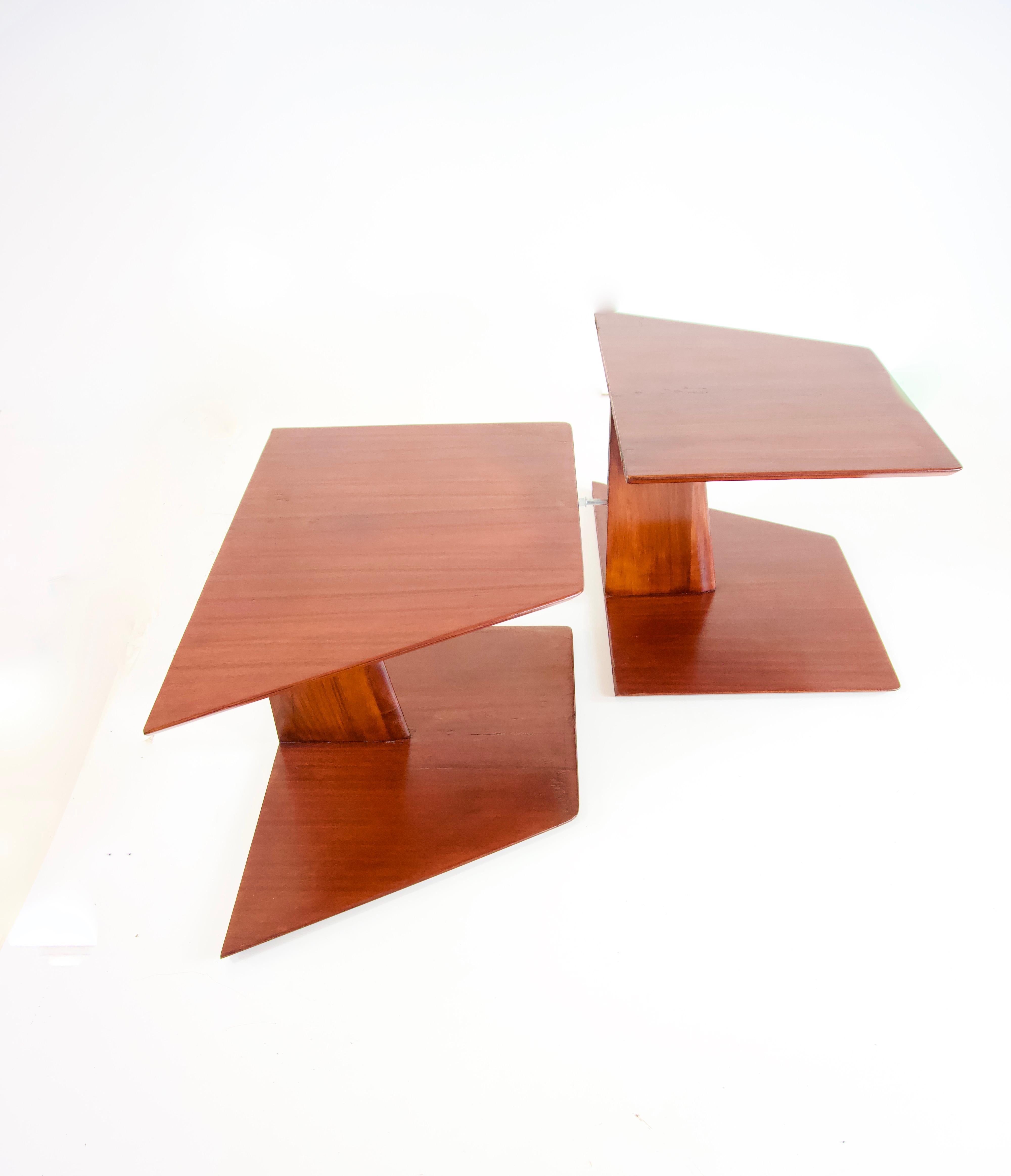 pair of hanging oak  wood nightstands or bed side tables by Gio Ponti 
wall mounted two shelves side tables
finishing of the owl's beak top
part of a pair of  original headboards where headboards were destroyed
by Gio Ponti from the furniture of the