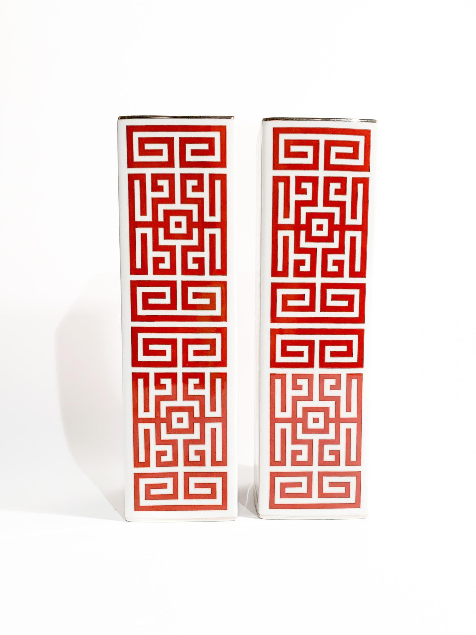Italian Pair of Gio Ponti Red Labyrinth Vases Re-edition by Richard Ginori
