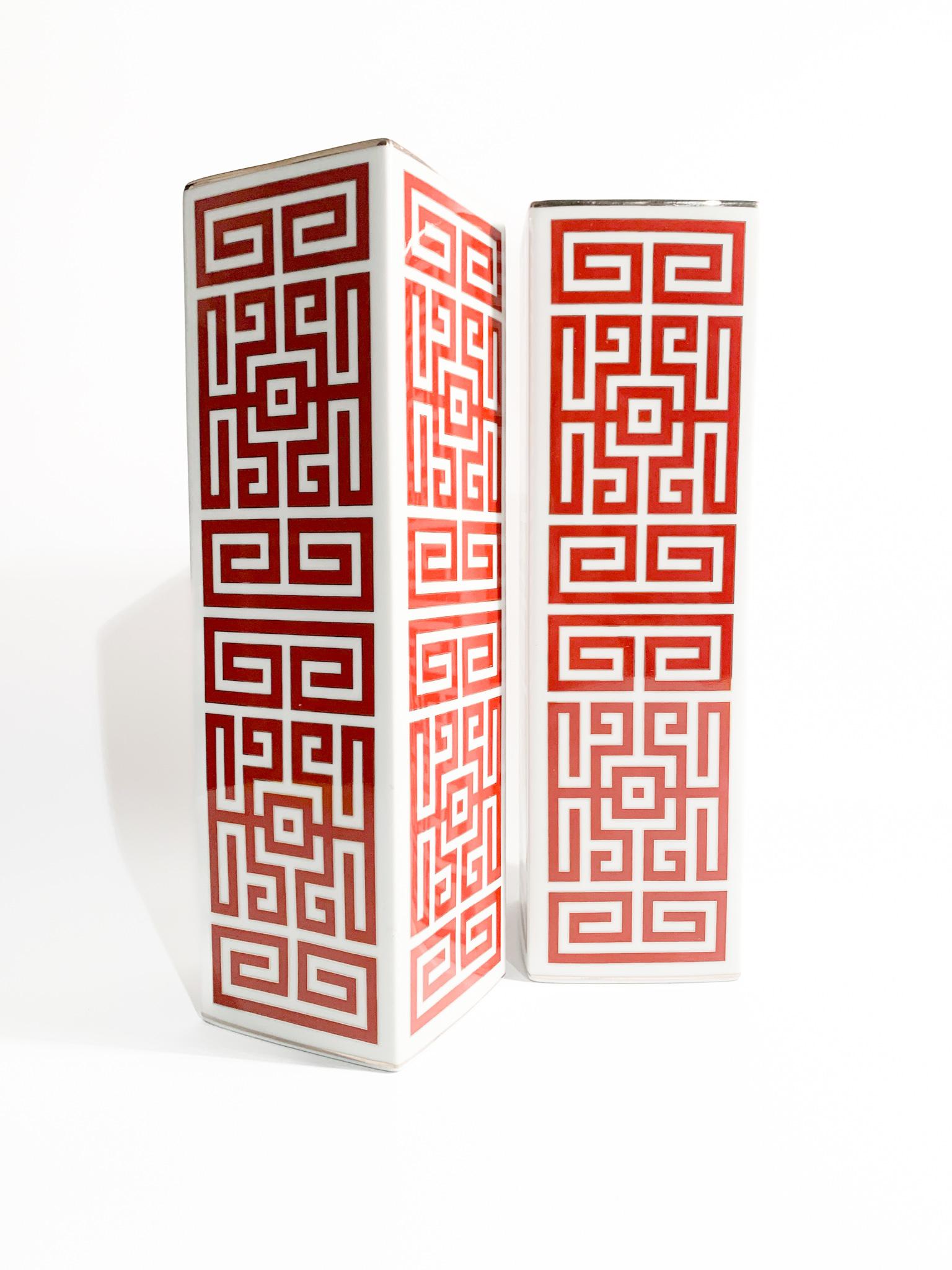 Porcelain Pair of Gio Ponti Red Labyrinth Vases Re-edition by Richard Ginori