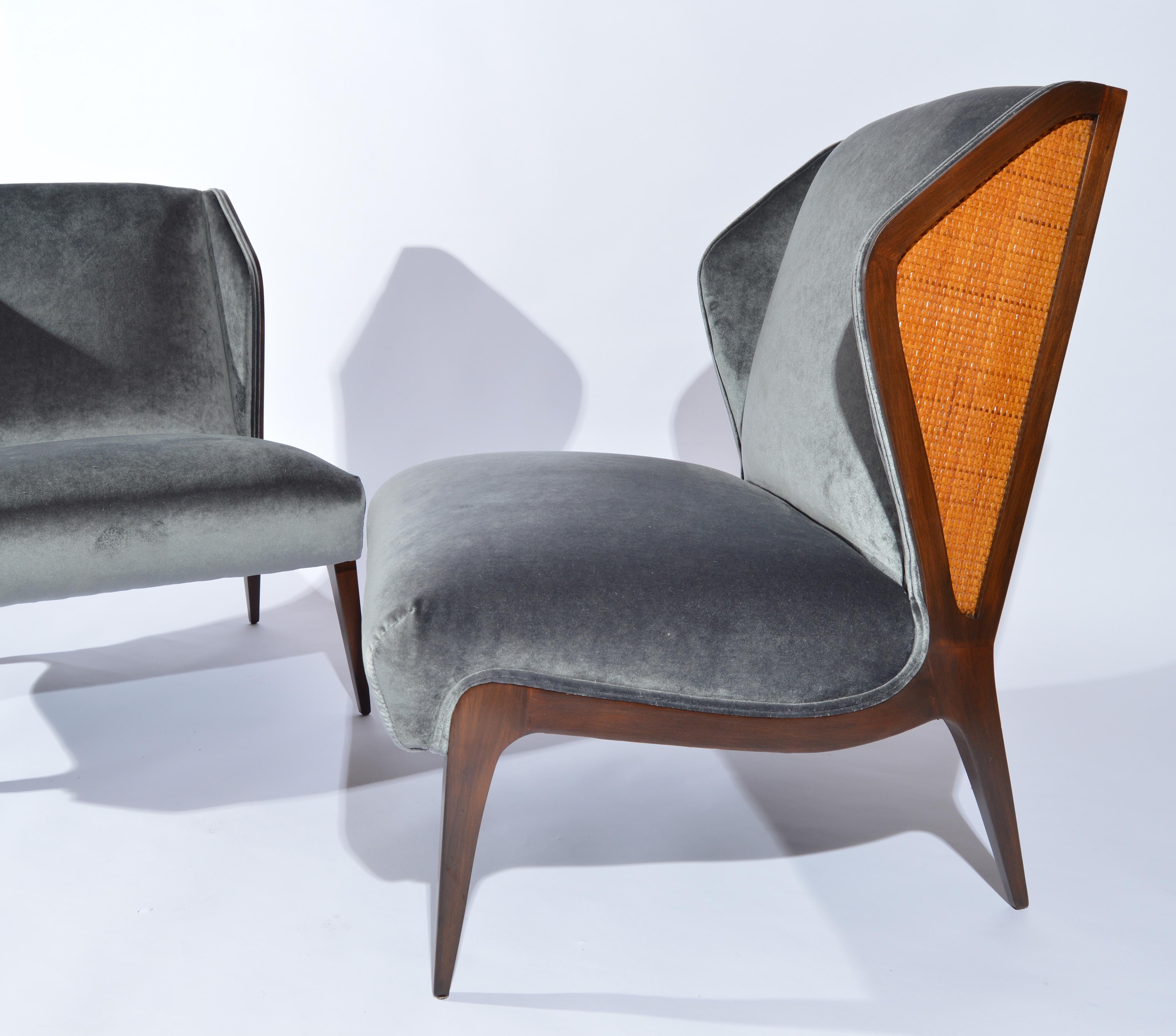 Mid-20th Century Gio Ponti style Cane Embellished Wingback Easy Chairs in Walnut, circa 1955