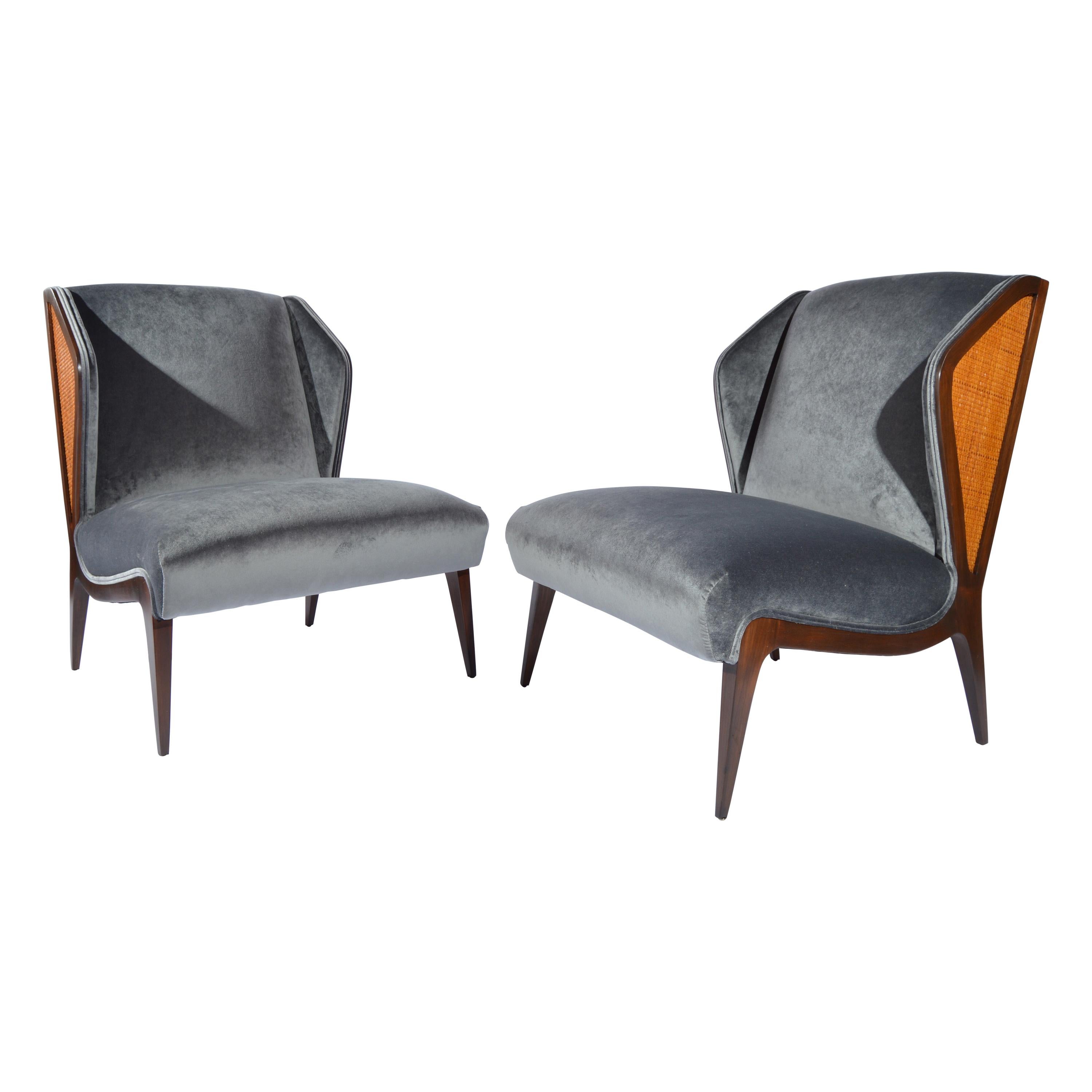 Gio Ponti style Cane Embellished Wingback Easy Chairs in Walnut, circa 1955