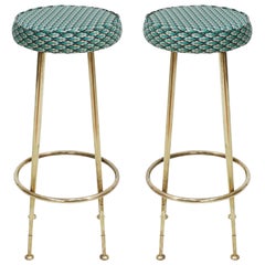 Pair of Gio Ponti Style Circular Italian Bar Stools Upholstered in Dedar Fabric