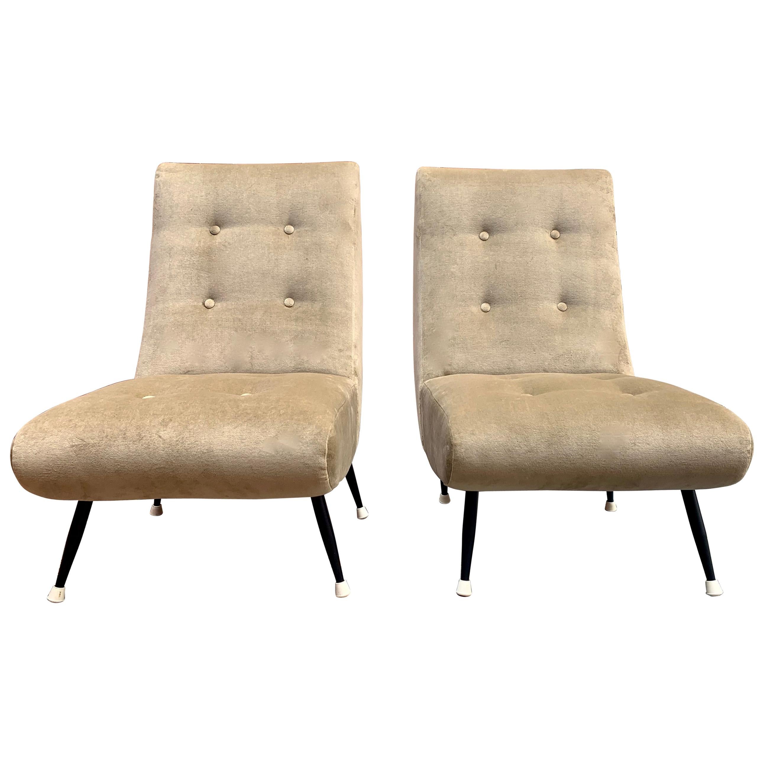 Pair of Gio Ponti Style Italian Tufted Chairs in Taupe Velvet