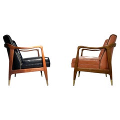 Pair of Gio Ponti Style Vintage Walnut Lounge Chairs / Danish Modern Style