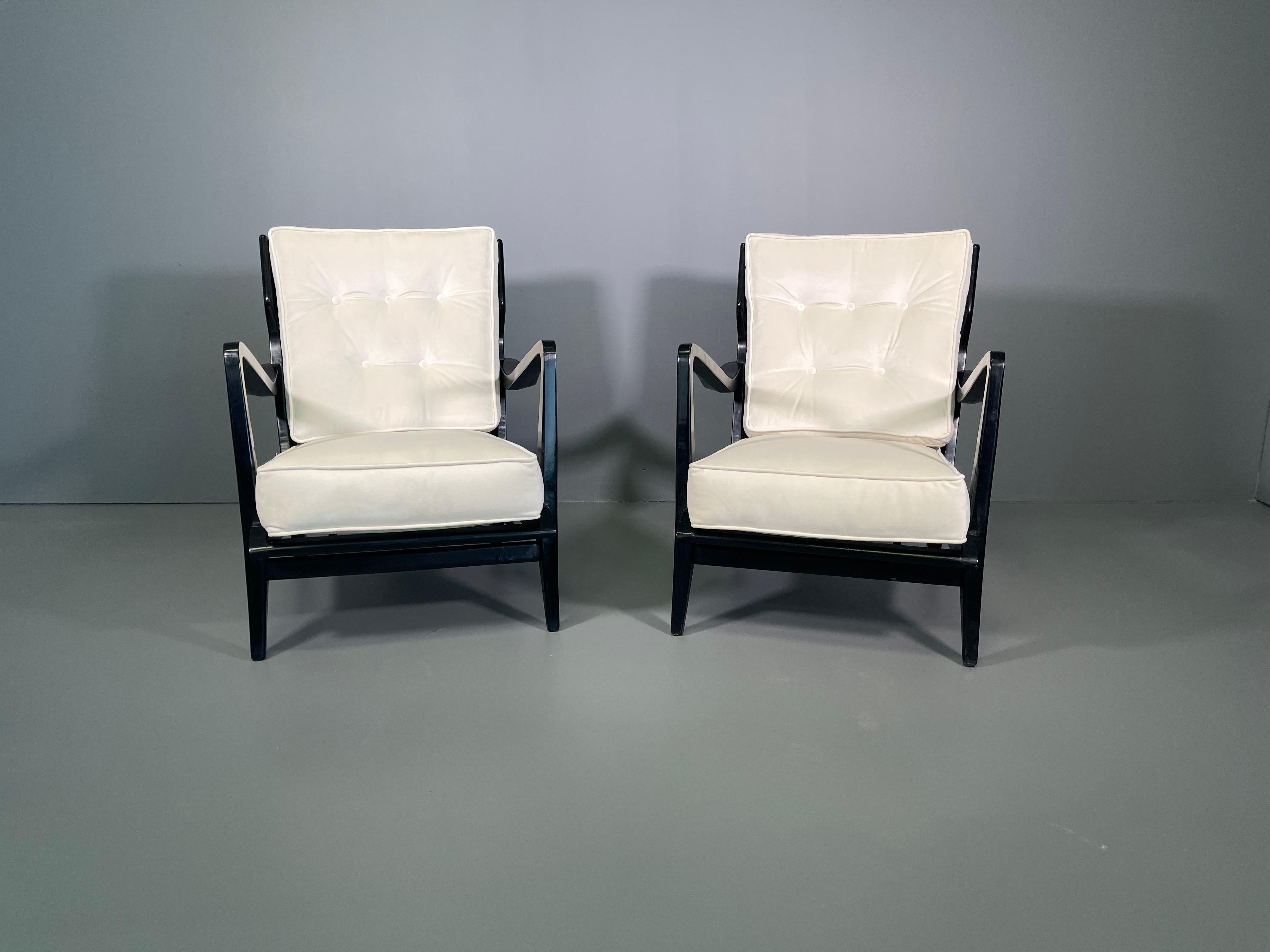 Mid-Century Modern Pair of Gio Ponti Walnut Ebonized Chairs Model No 516 for Cassina, 1950s