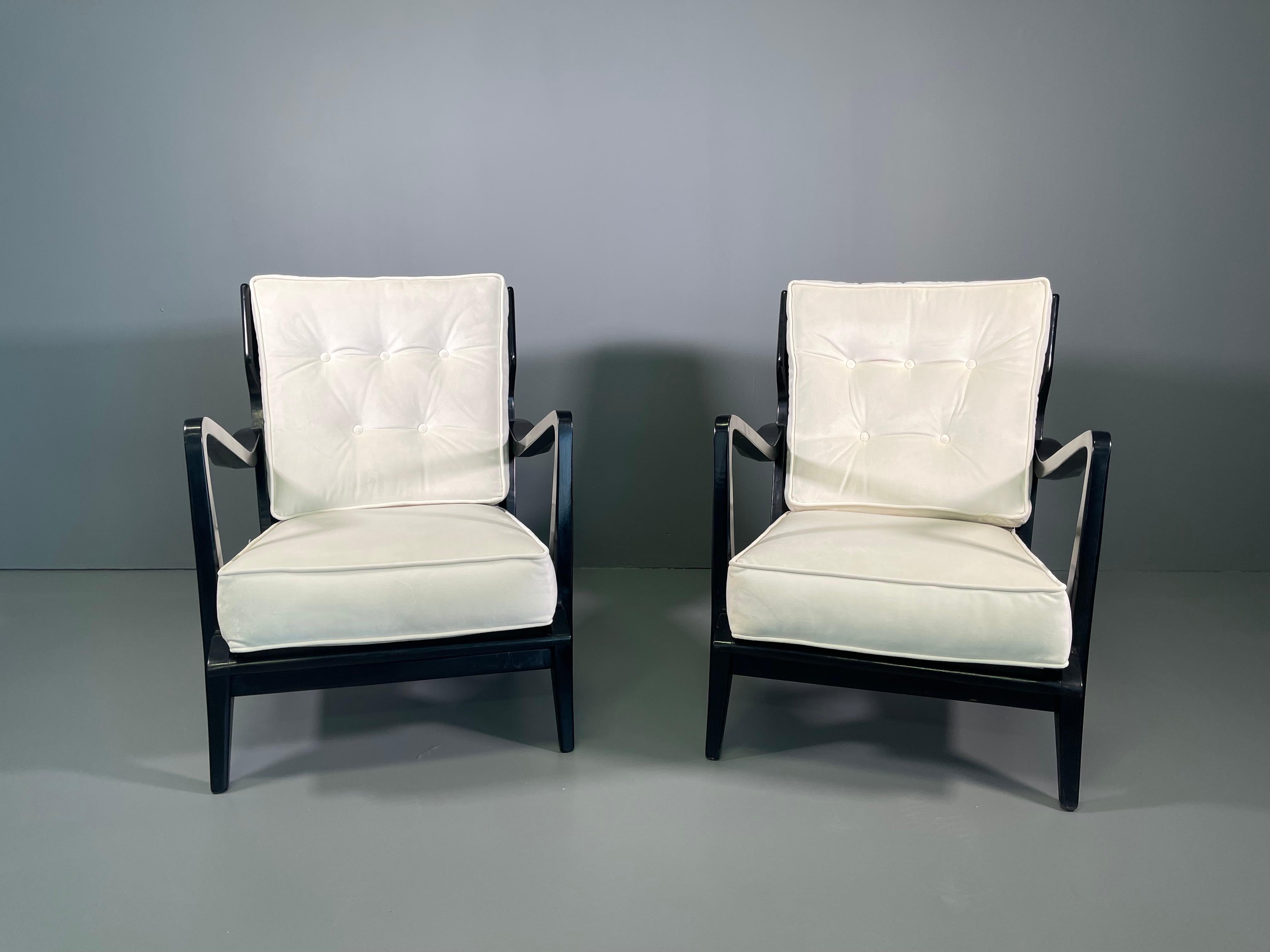 20th Century Pair of Gio Ponti Walnut Ebonized Chairs Model No 516 for Cassina, 1950s