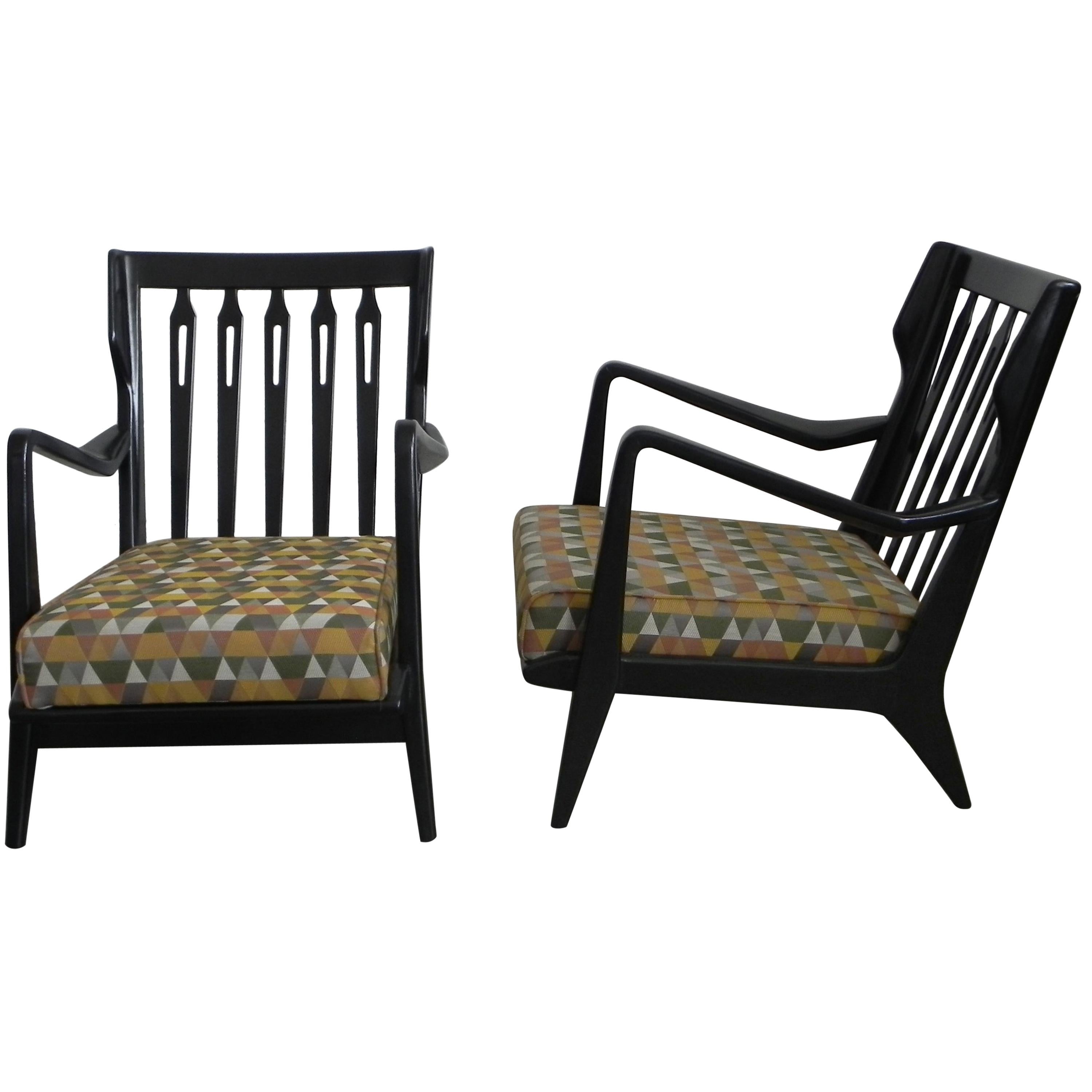 Pair of Gio Ponti Walnut Ebonized Chairs Model No 516 for Cassina, 1950s