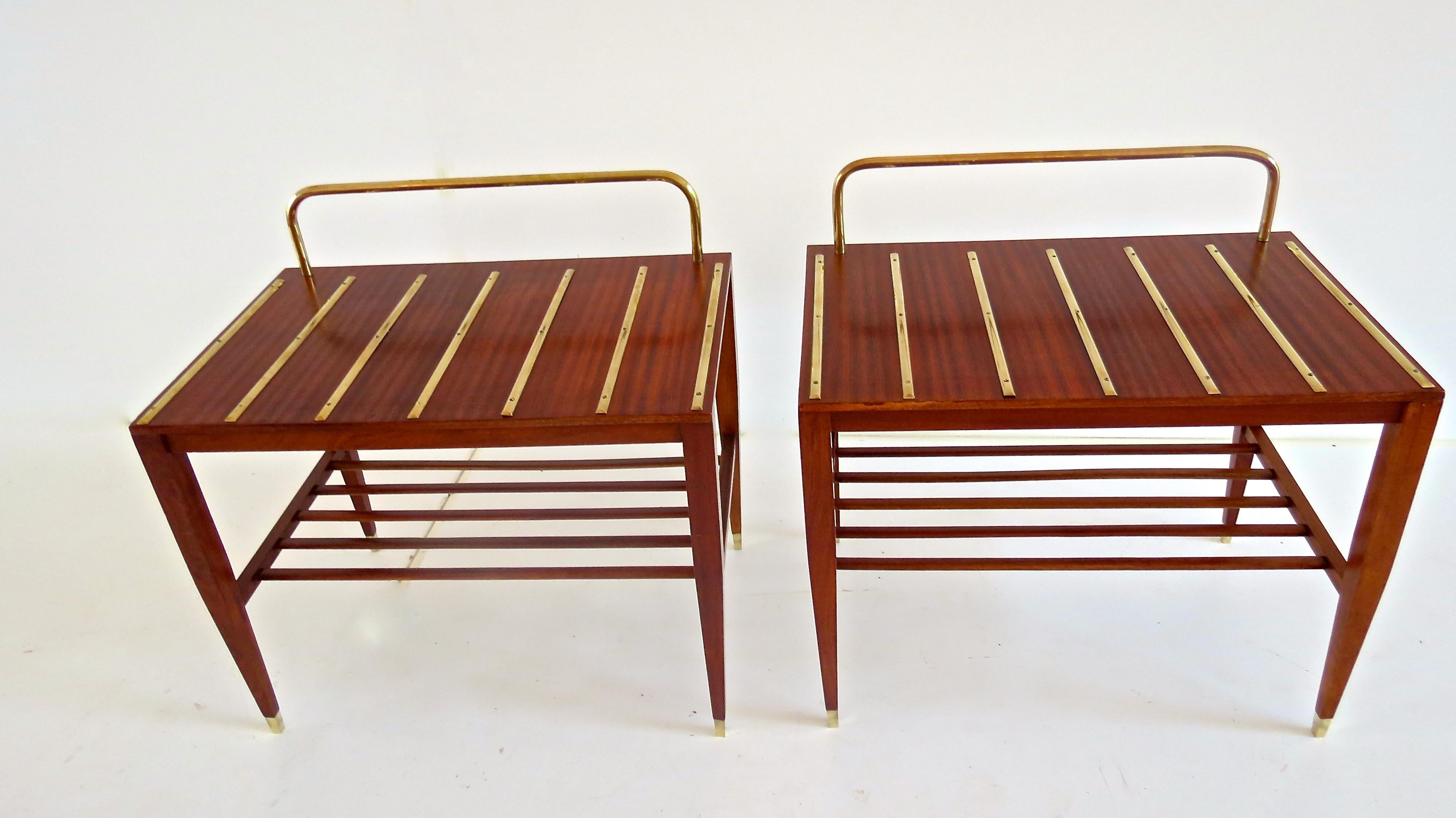 Gio Ponti side tables (stands) produced by Giordano Chiesa, from the suite of the Hotel Royal Naples, 1953
Italian walnut, brass. Brass details: Handles, foot and seven sections (each stand)
five walnut sticks
Measures: Height 65 cm, 65 x 42 cm