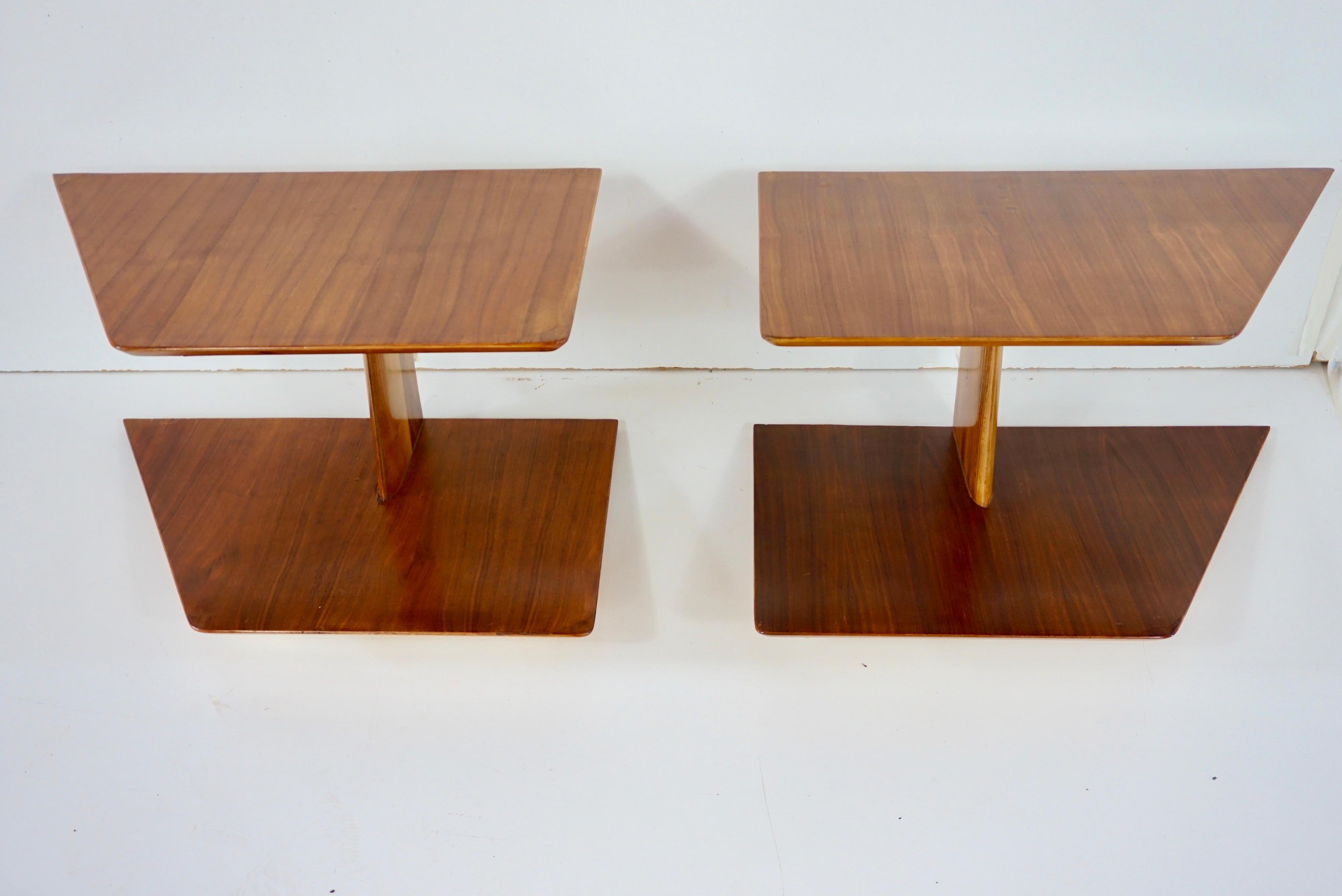 pair of hanging wood nightstands or bed side tables by Gio Ponti 
wall mounted two shelves side tables
finishing of the owl's beak top
part of a pair of  original headboards where headboards were destroyed
by Gio Ponti from the furniture of the