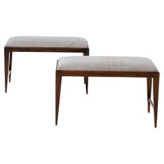 Pair of Gio Ponti's Style Benches in Grey Velvet and Wood