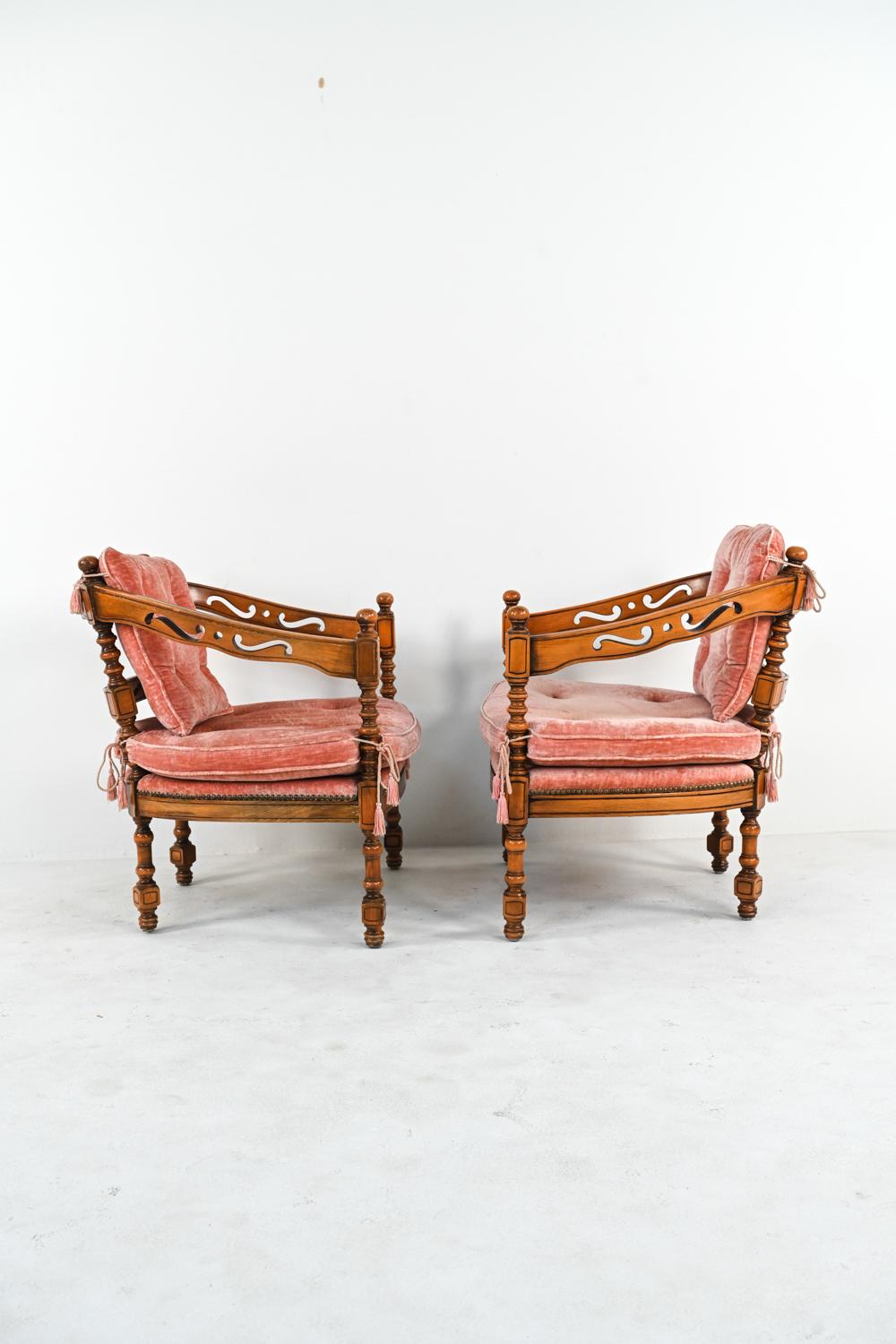 Fabric Pair of Giorgetti Gallery Carved Barrel-Back Armchairs, c. 1970's