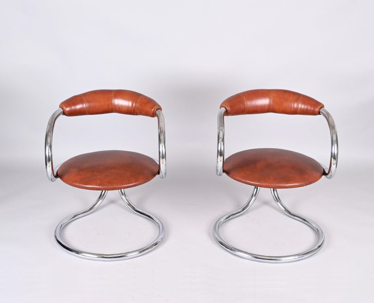 Pair of Giotto Stoppino Tubolar Chrome Steel and Leather Italian Chairs, 1970s 5