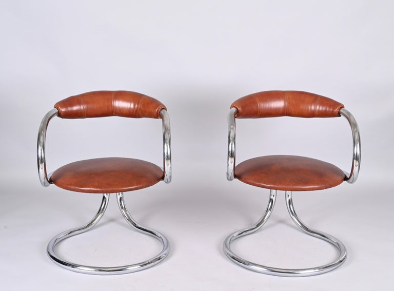 Pair of Giotto Stoppino Tubolar Chrome Steel and Leather Italian Chairs, 1970s 2