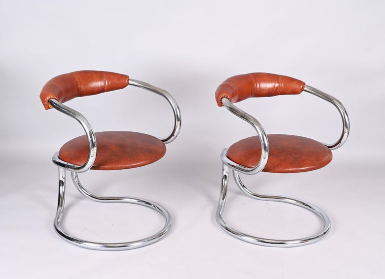 Pair of Giotto Stoppino Tubolar Chrome Steel and Leather Italian Chairs, 1970s 3