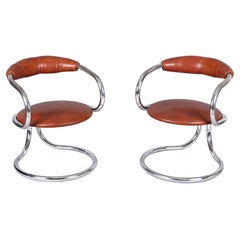 Vintage Pair of Giotto Stoppino Tubolar Chrome Steel and Leather Italian Chairs, 1970s