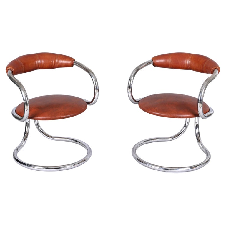 Pair of Giotto Stoppino Tubolar Chrome Steel and Leather Italian Chairs, 1970s