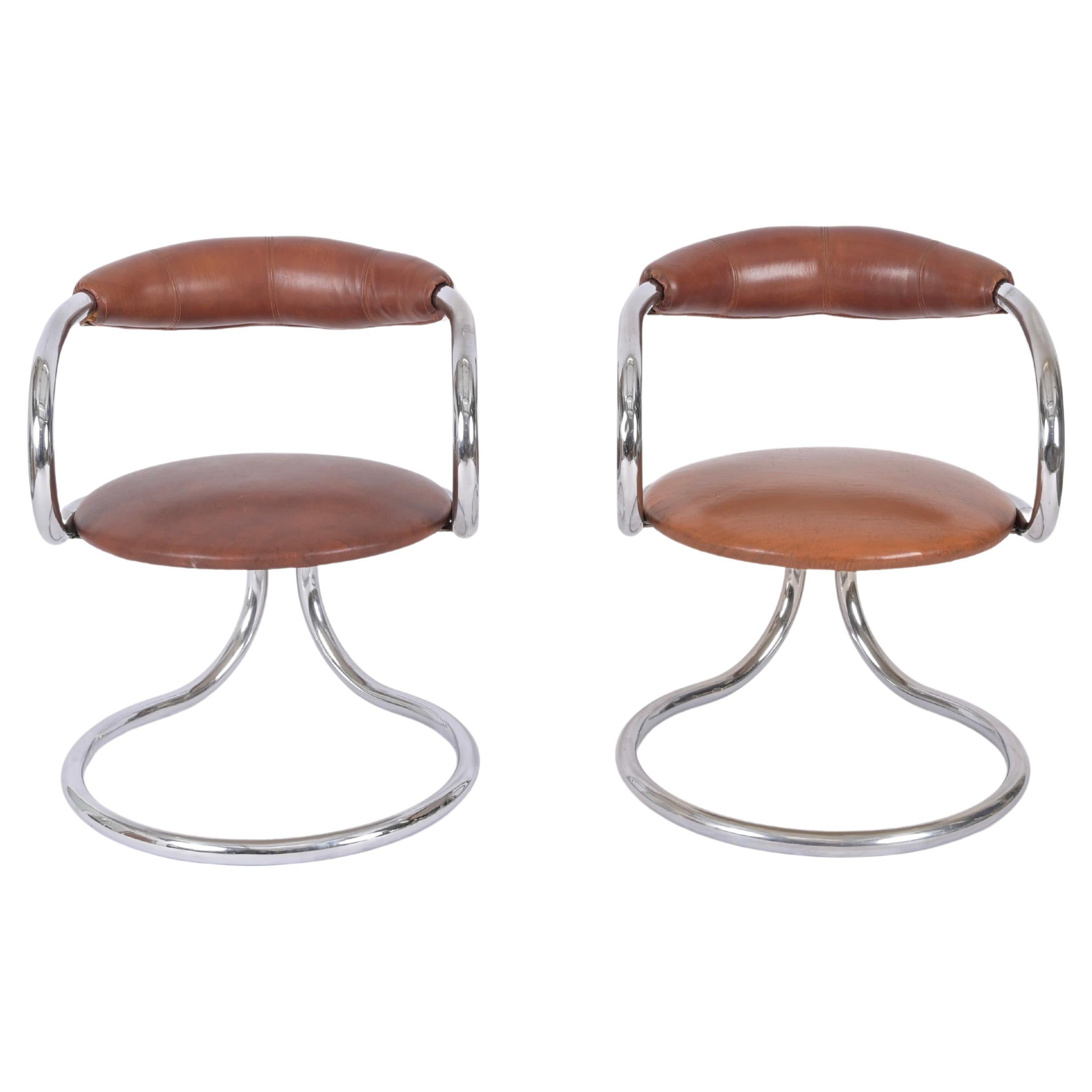 Pair of Giotto Stoppino Tubolar Chrome Steel and Leather Italian Chairs, 1970s