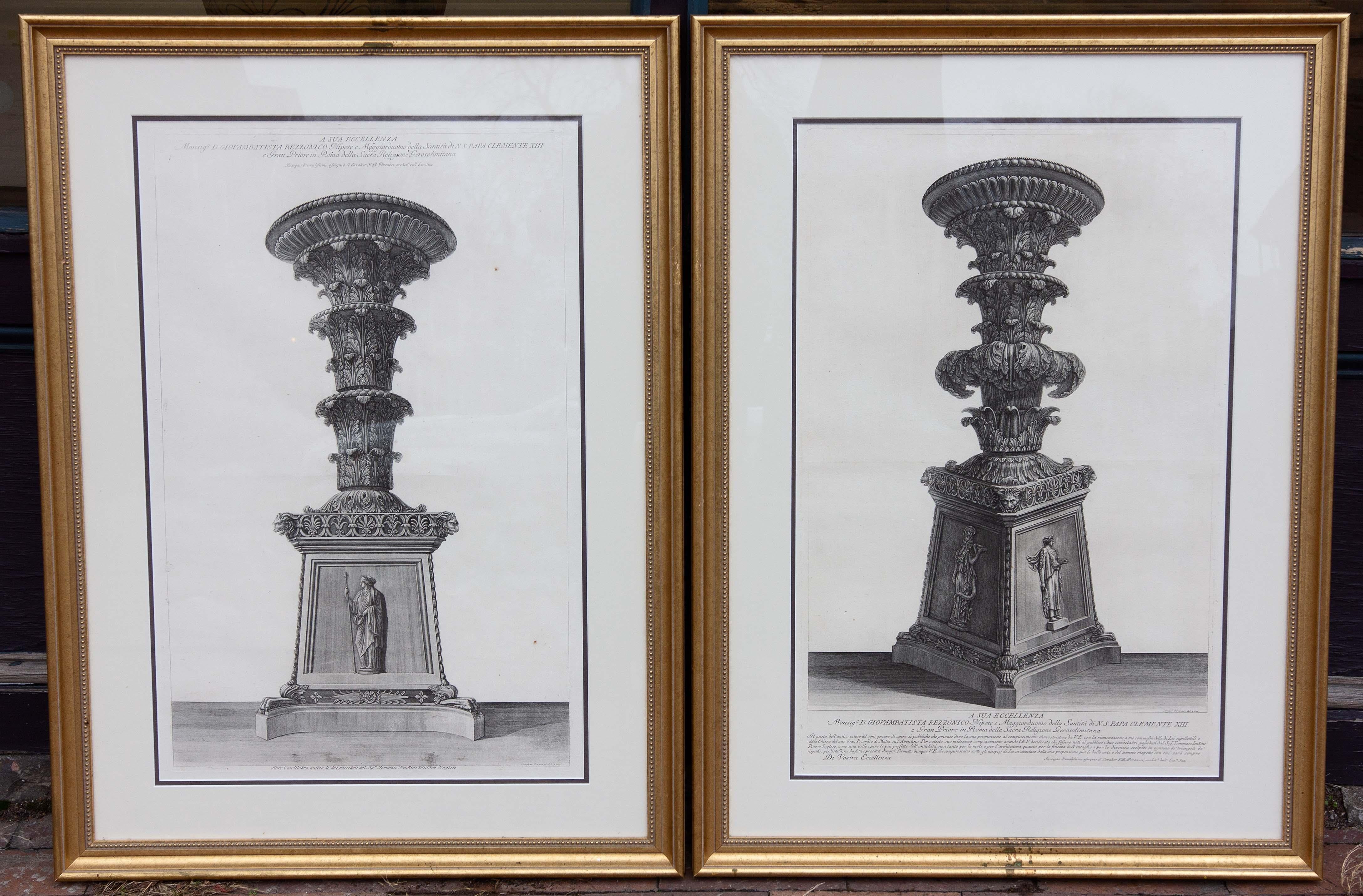 Pair framed antique architectural engravings by Giovanni Battista Piranesi on handmade laid paper. 18th century.