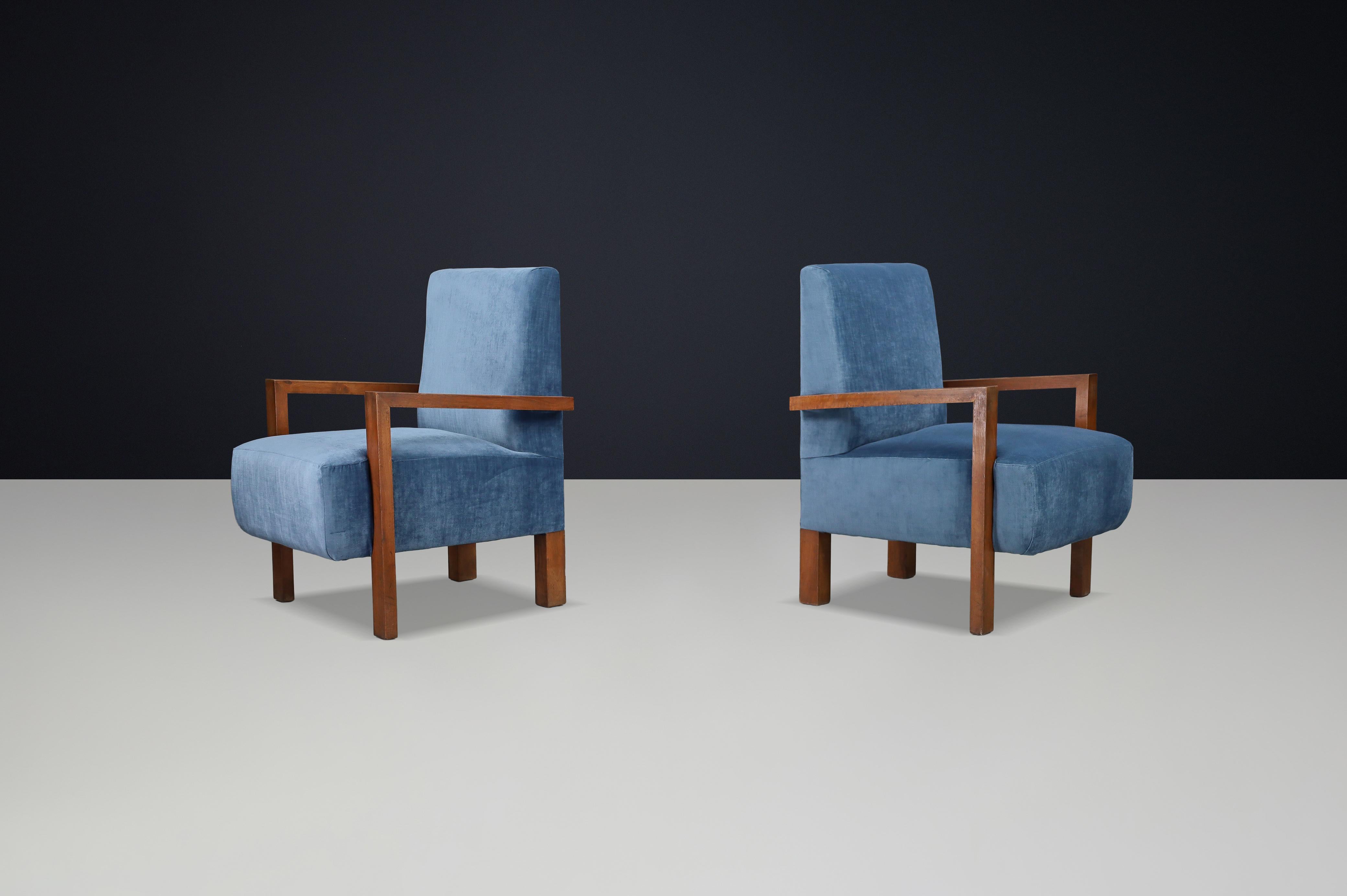 Mid-Century Modern Paire de fauteuils Giovanni Michelucci en velours bleu, Italie, années 1940 en vente