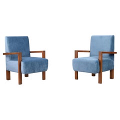 Pair of Giovanni Michelucci Armchairs in Blue Velvet, Italy, 1940s