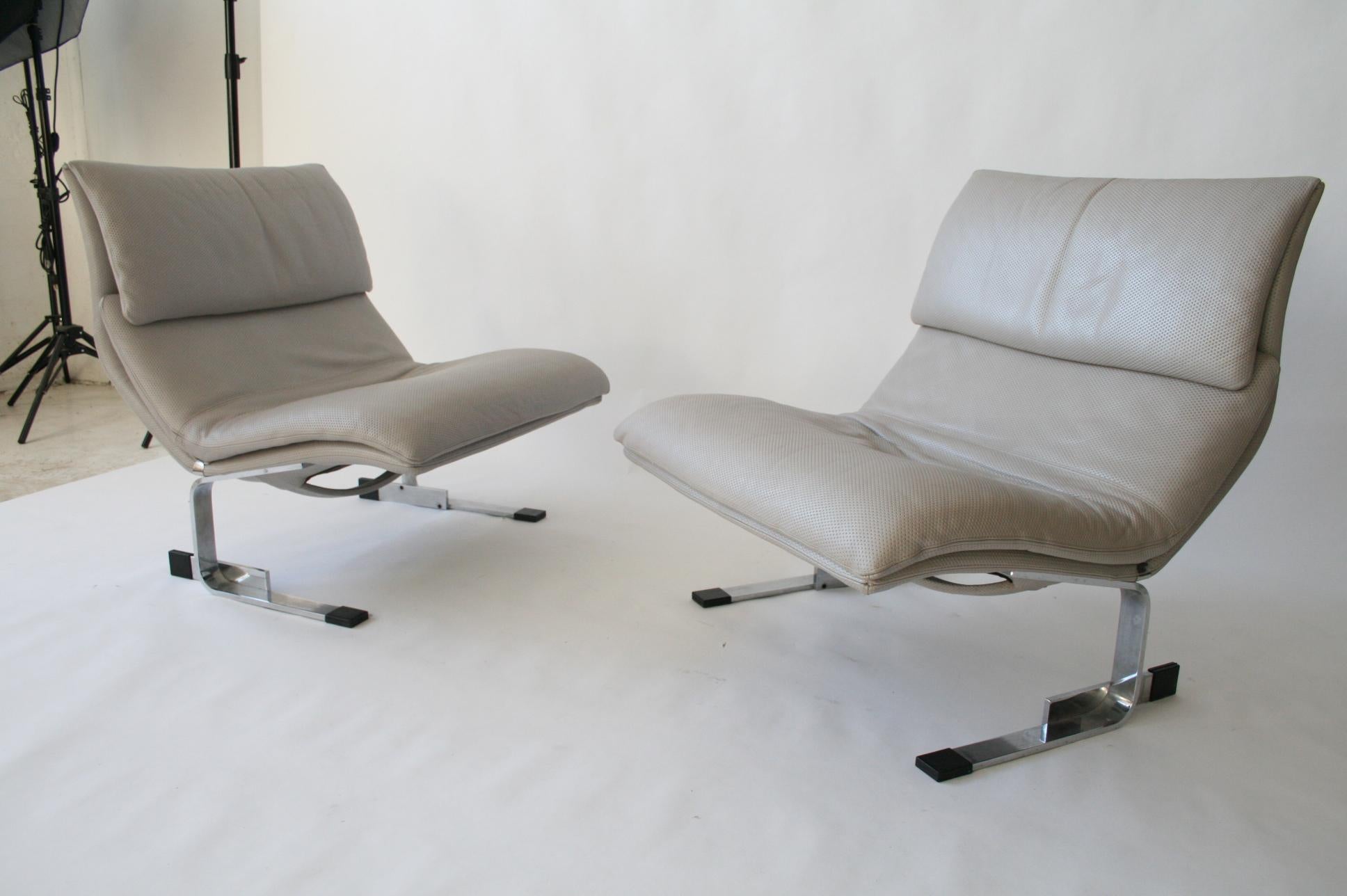 Stainless Steel Pair of Giovanni Offredi Onda Leather Lounge Chairs for Saporiti Italia