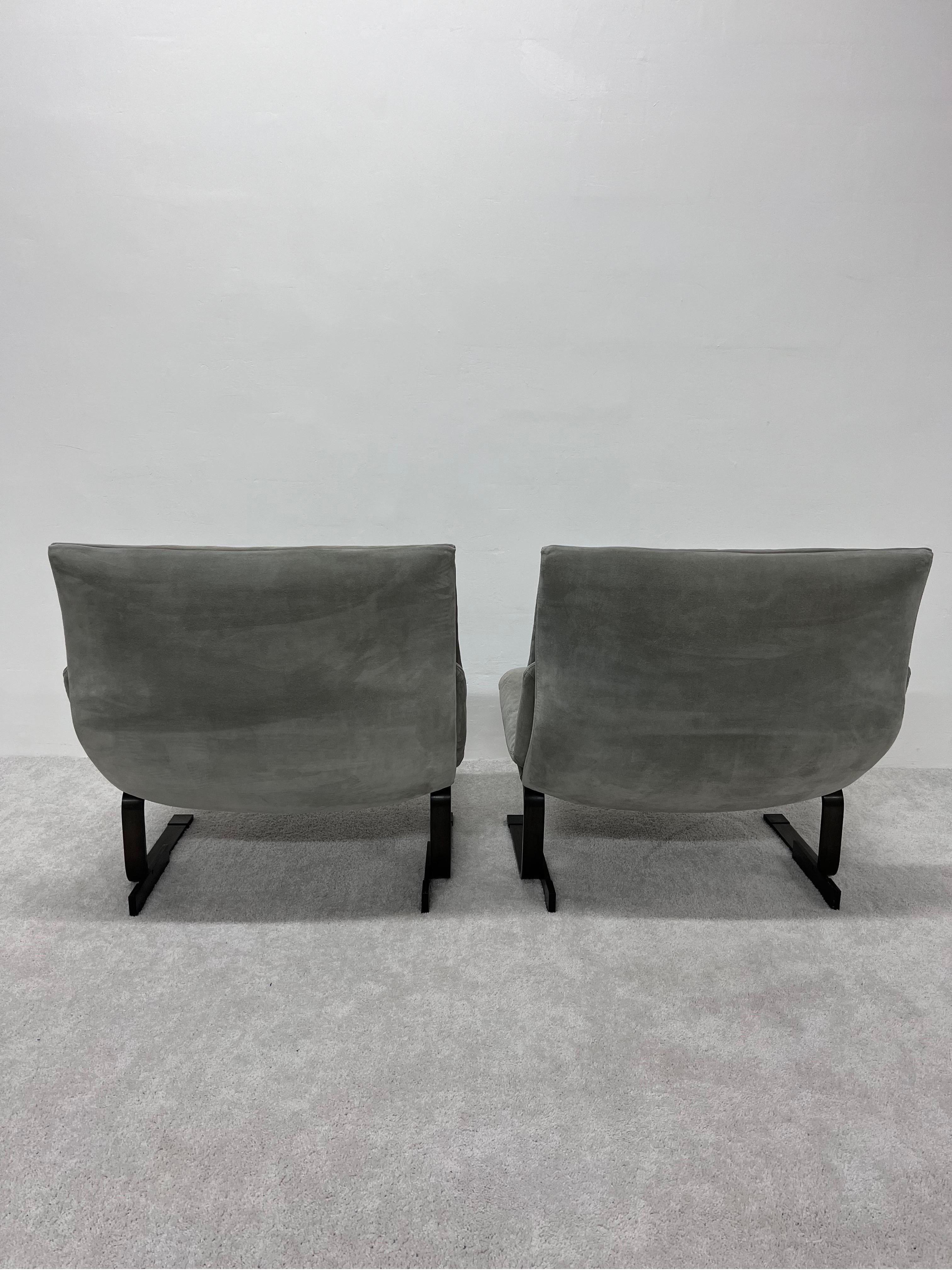 Bronzed Pair of Giovanni Offredi Suede Onda Wave Lounge Chairs for Saporiti