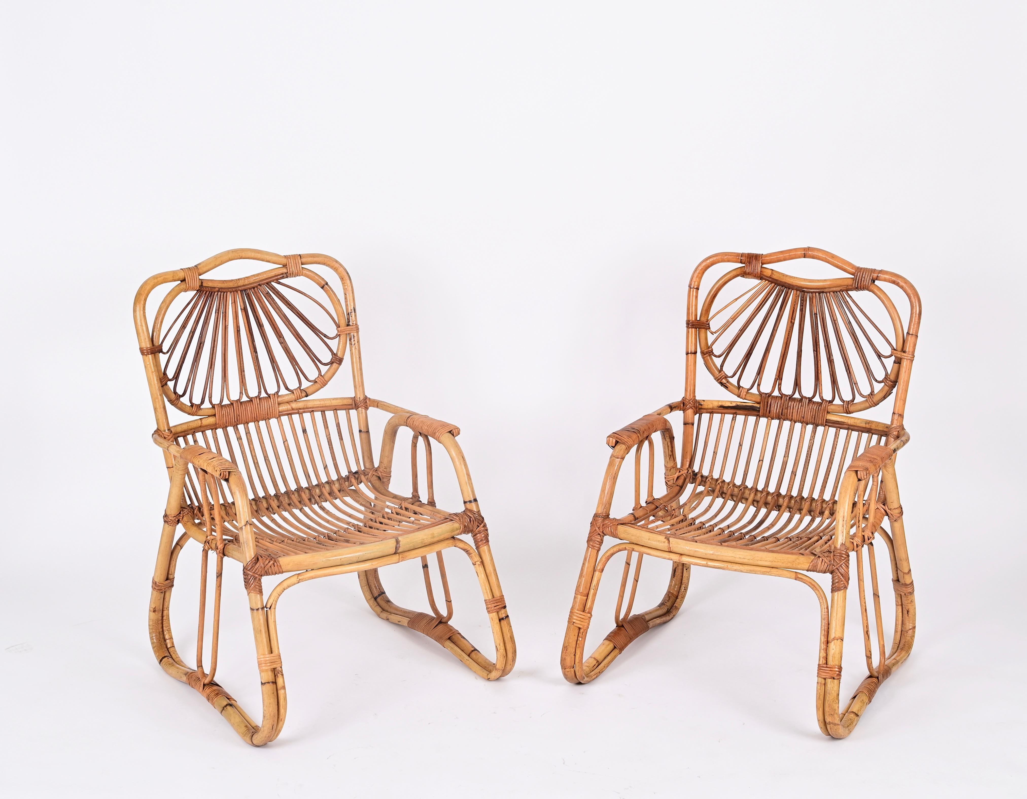 Mid-Century Modern Pair of Giovanni Travasa Bamboo, Rattan and Wicker Italian Armchairs, 1960s For Sale